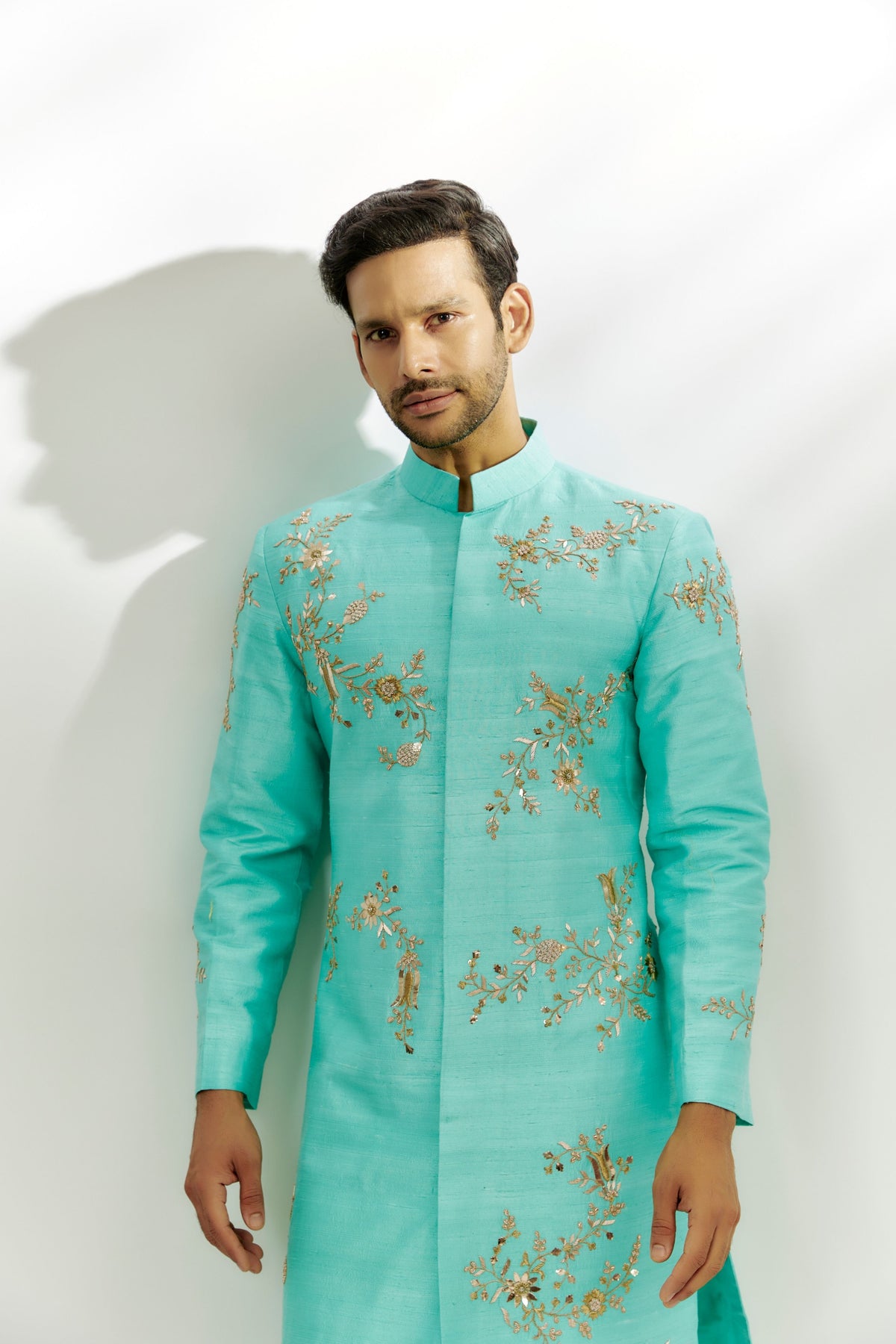 Cyan Blue Raw Silk Embroidered Sherwani Set