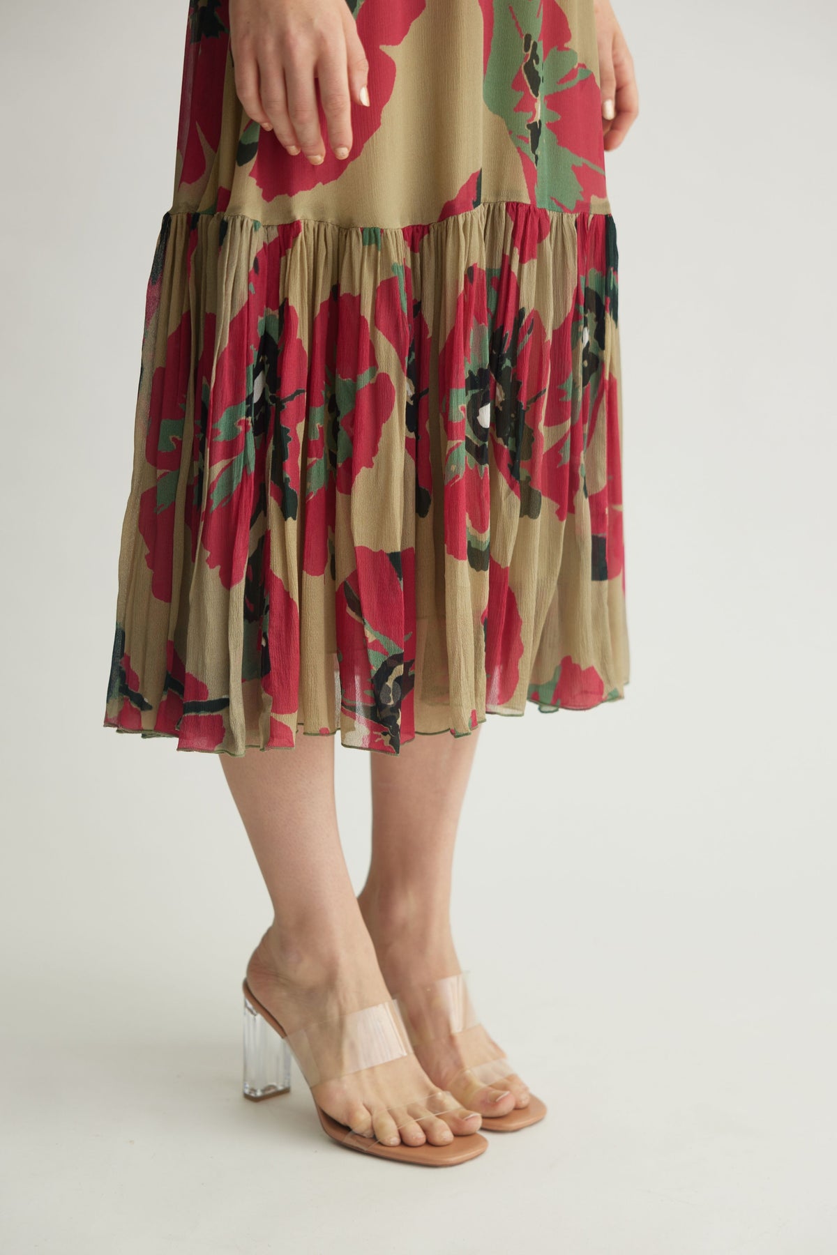 Beige Green Floral Midi Dress