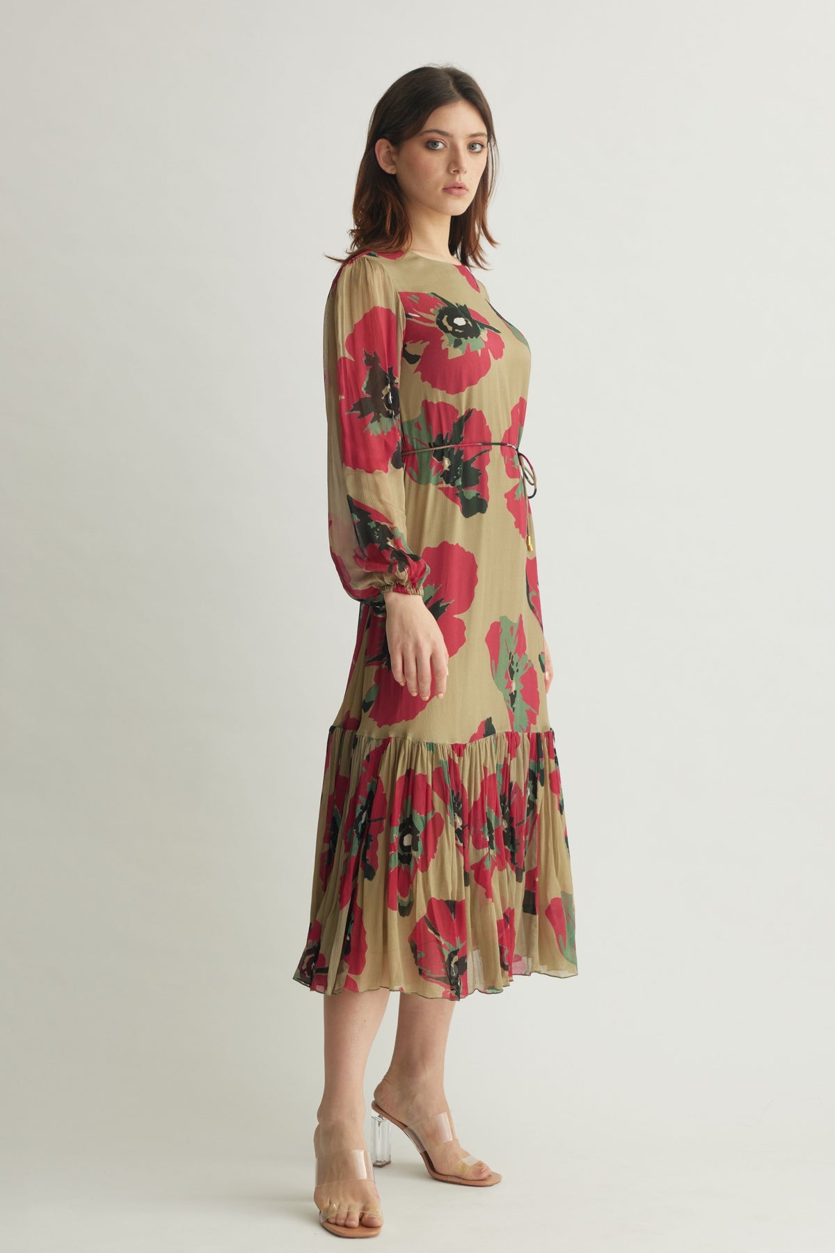 Beige Green Floral Midi Dress