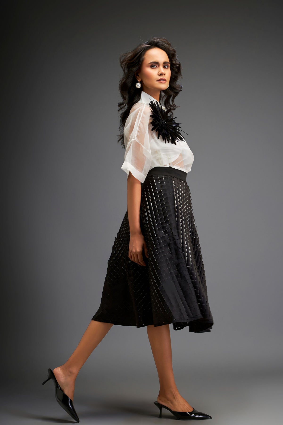 Black Sheer Blouse With 3d-skirt