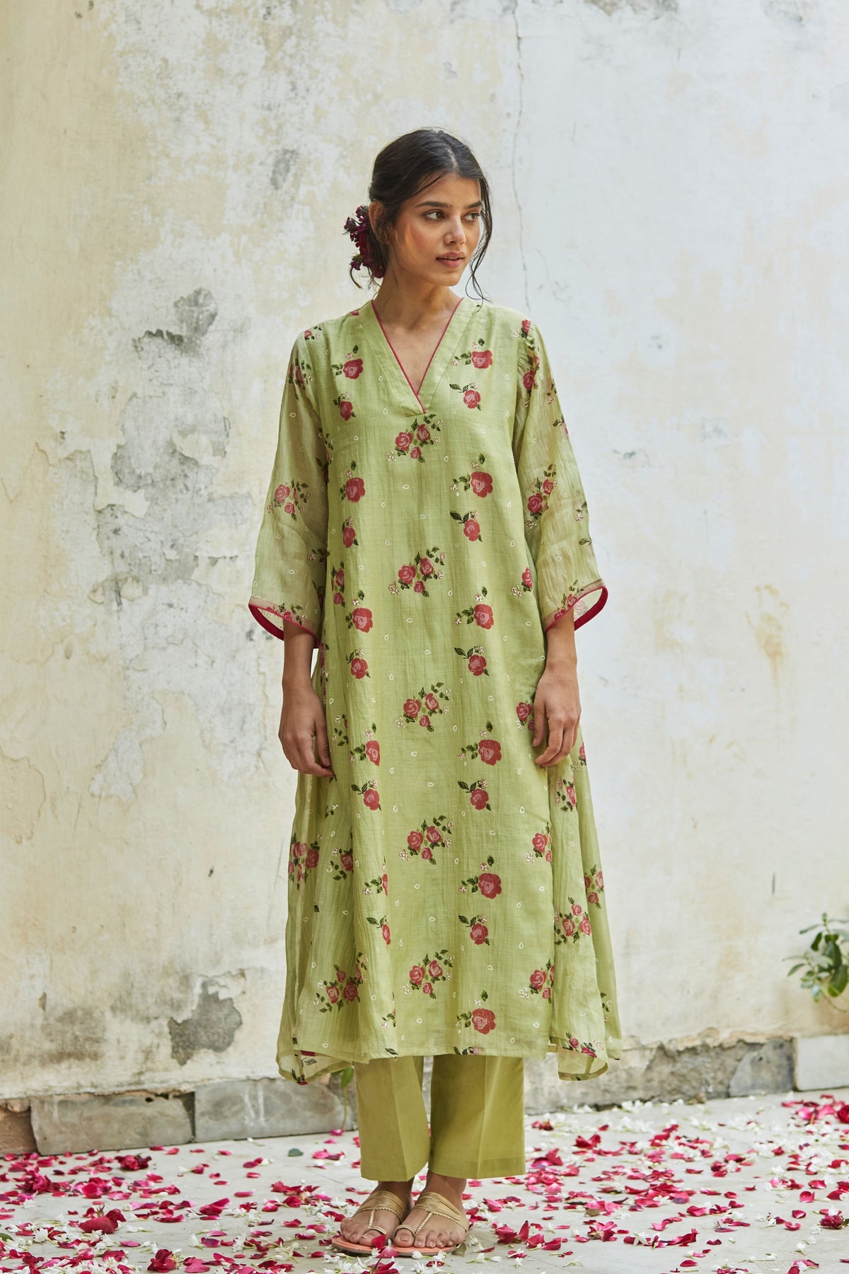 Handwoven Chanderi Pista Green Kurta Set