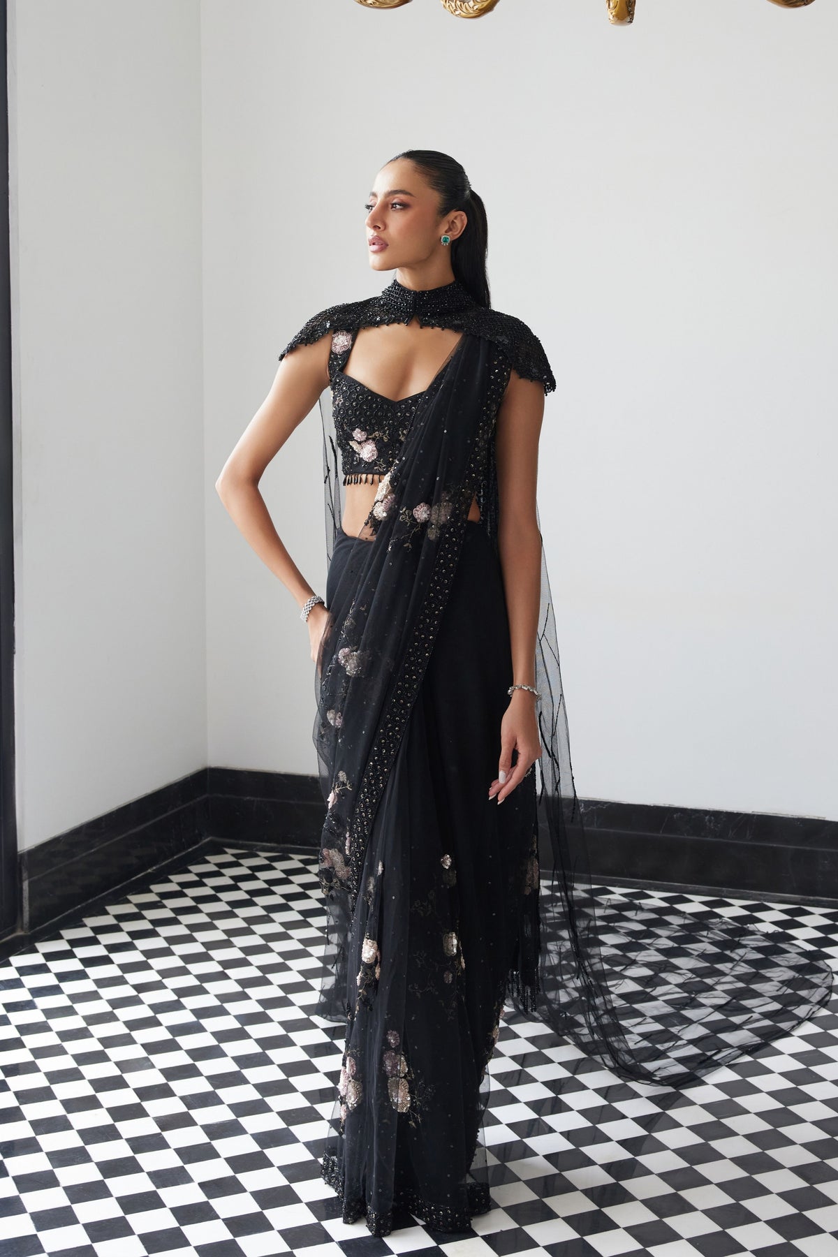 Black Patchworked Saree With a Veil