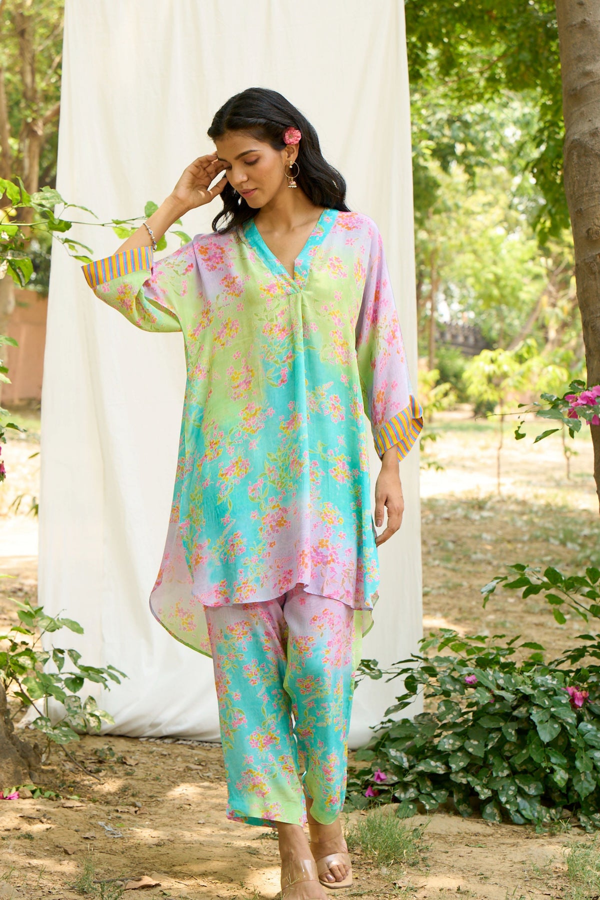 Multicolor Pleated  Kurta With Floral Prints