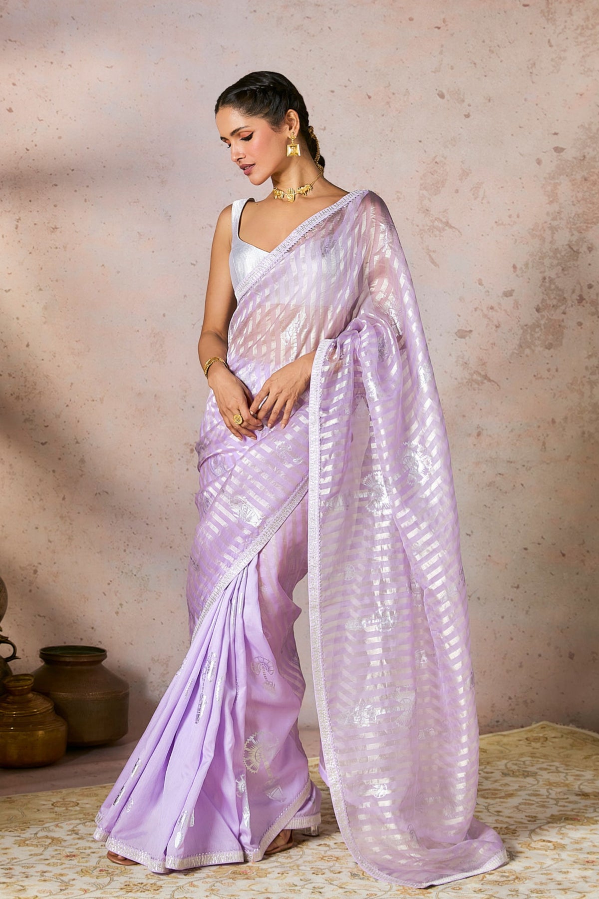 Lilac Striped Zari Saree