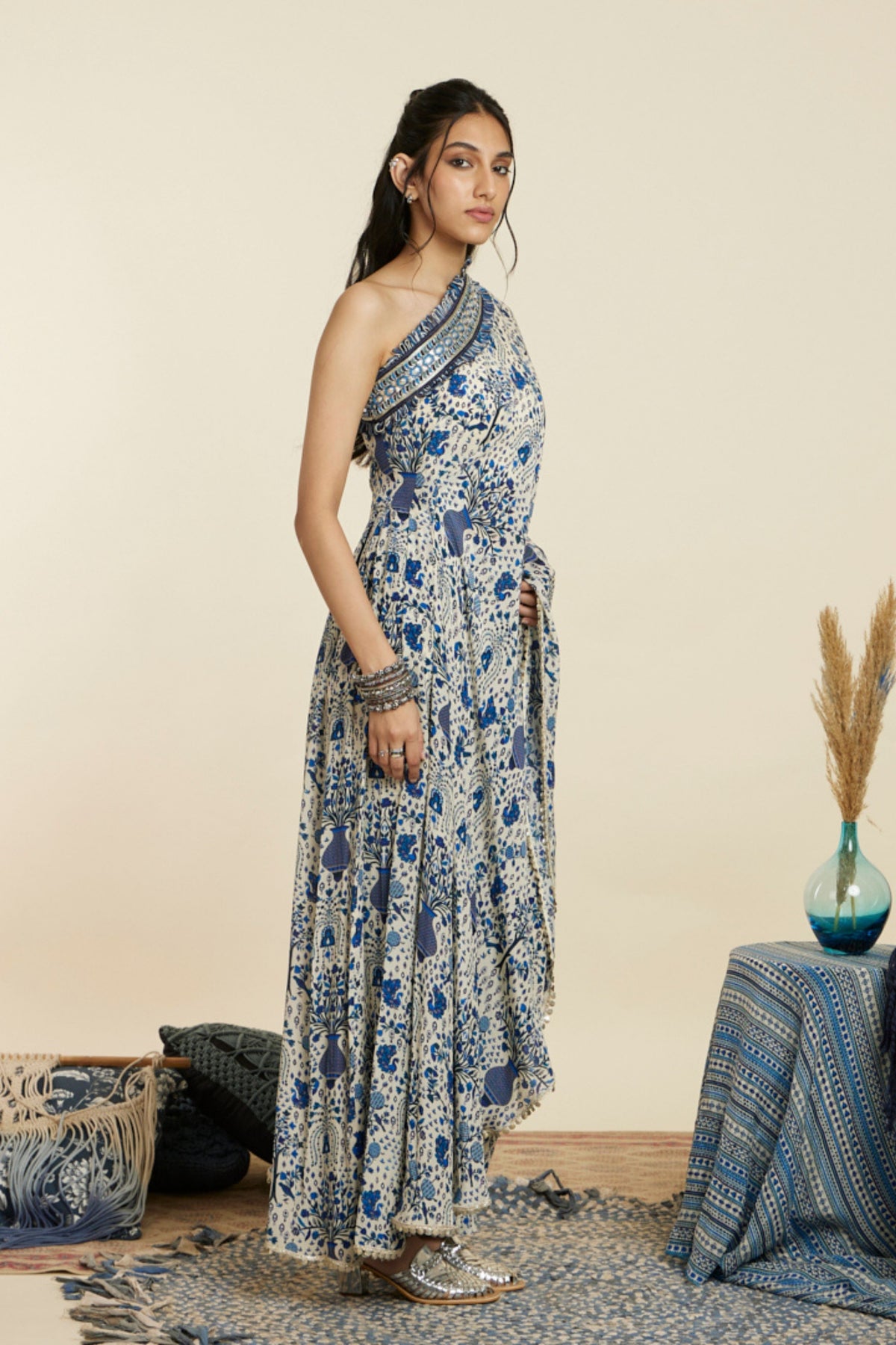 Blue One Shoulder Kaftan Set