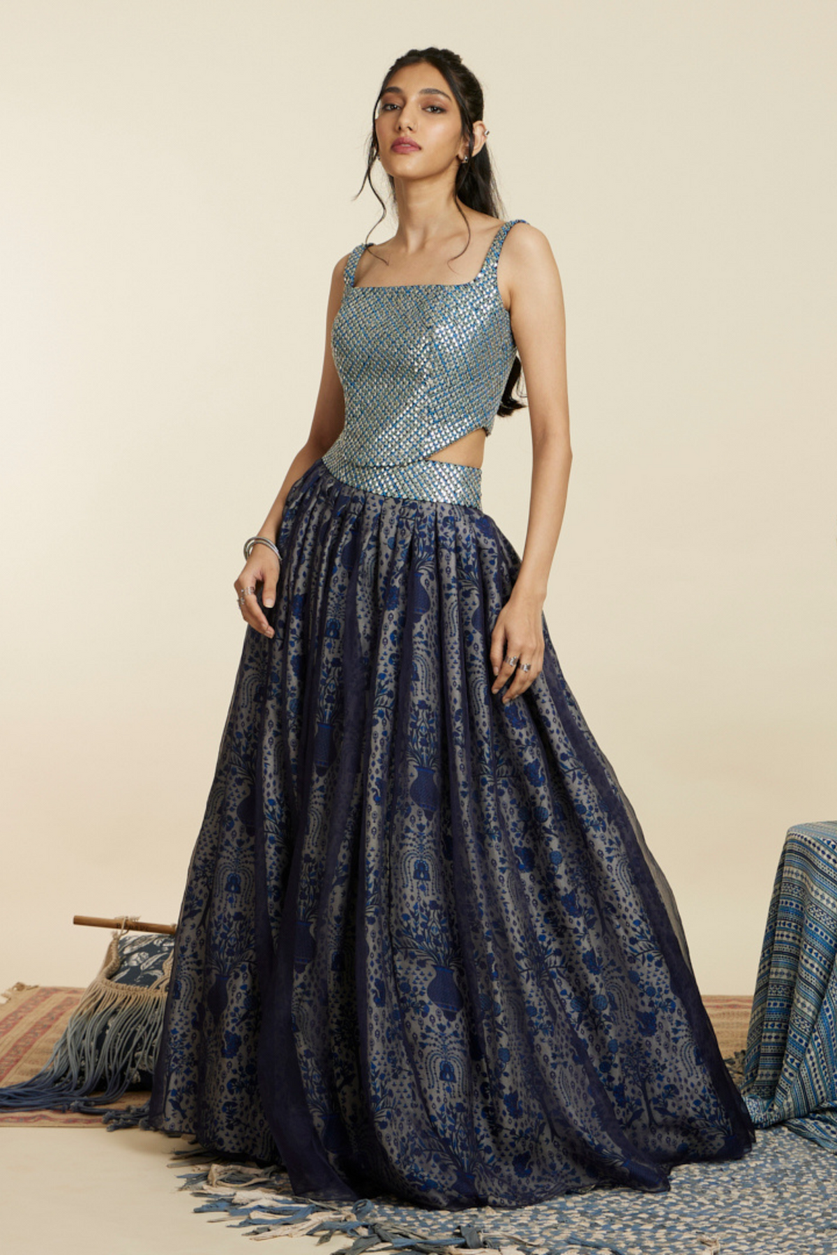 Blue Organza Lehenga Set