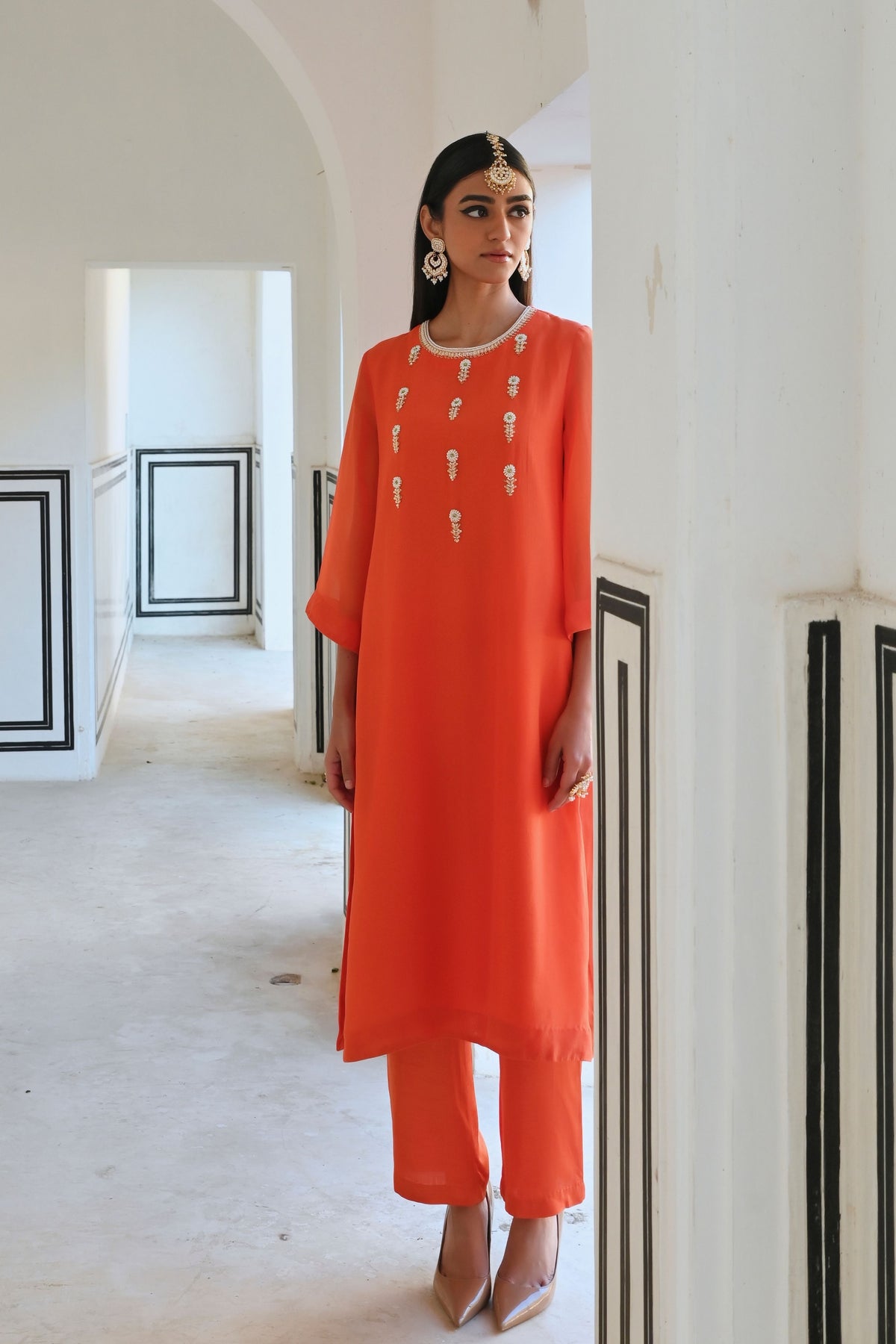 Orange Embroidered Kurta