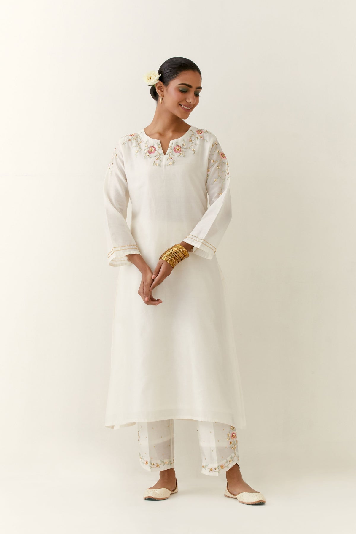 Off White Embroidered Silk Kurta Set