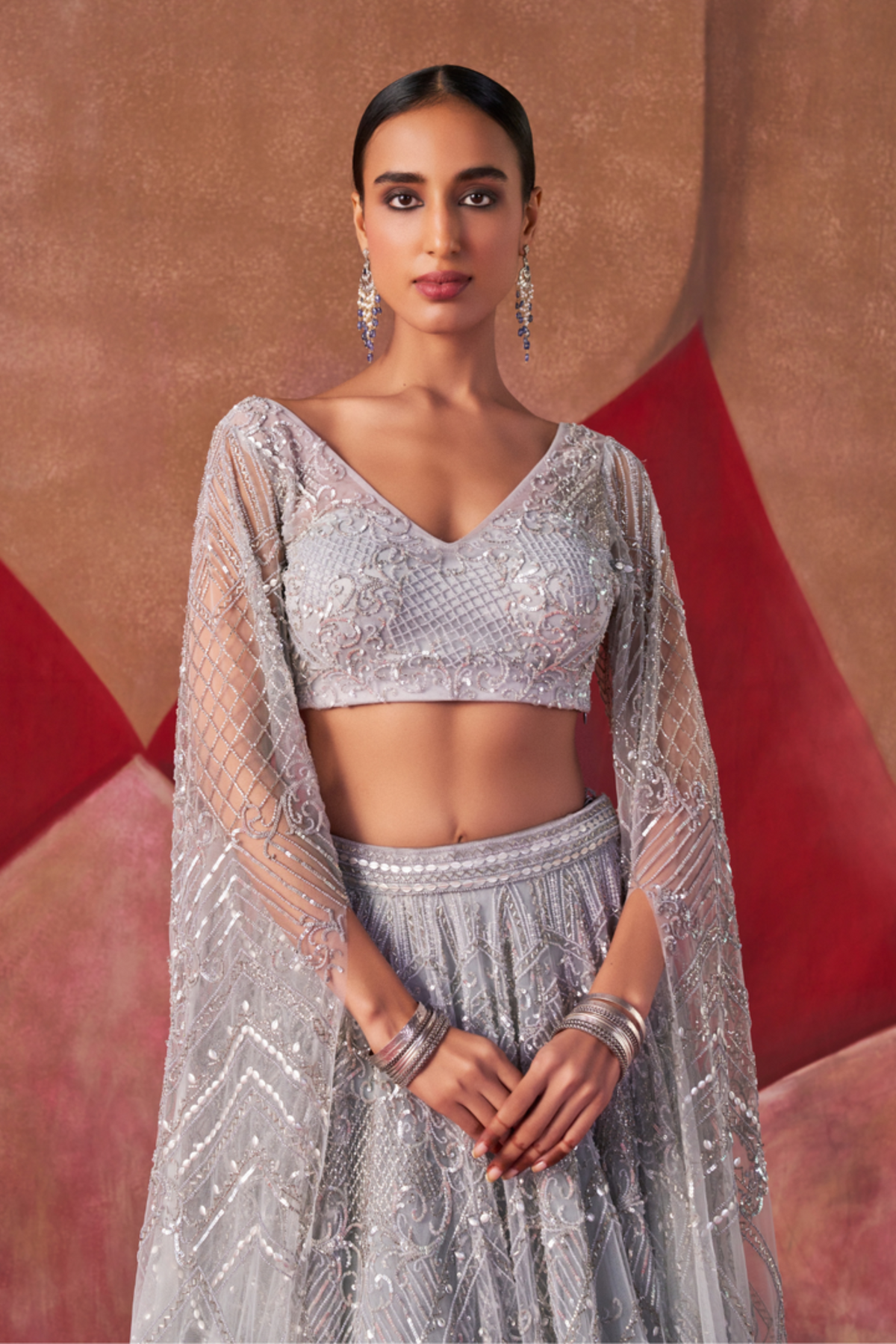 Grey Cocktail Flared Sleeves Lehenga Set