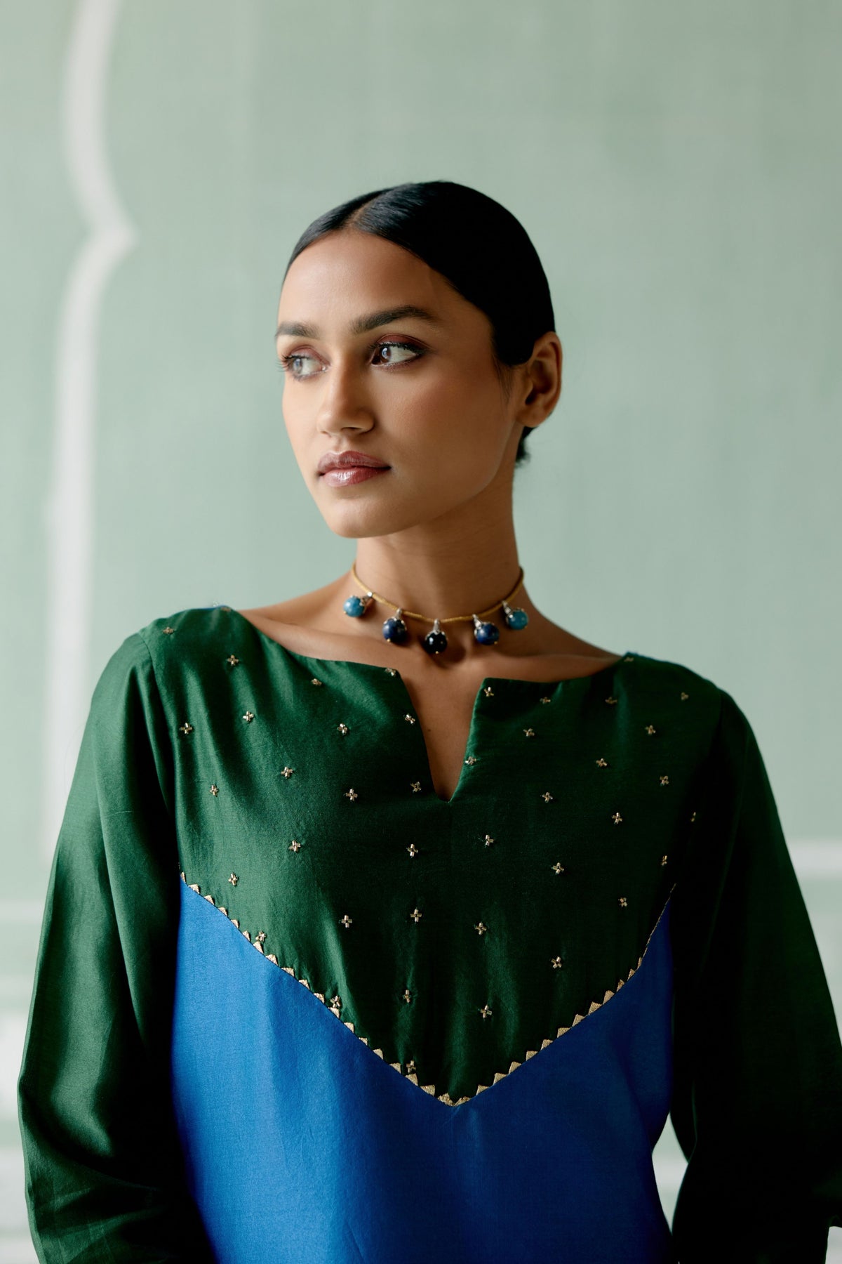 Emerald &amp; Navy Embroidered Tunic Set