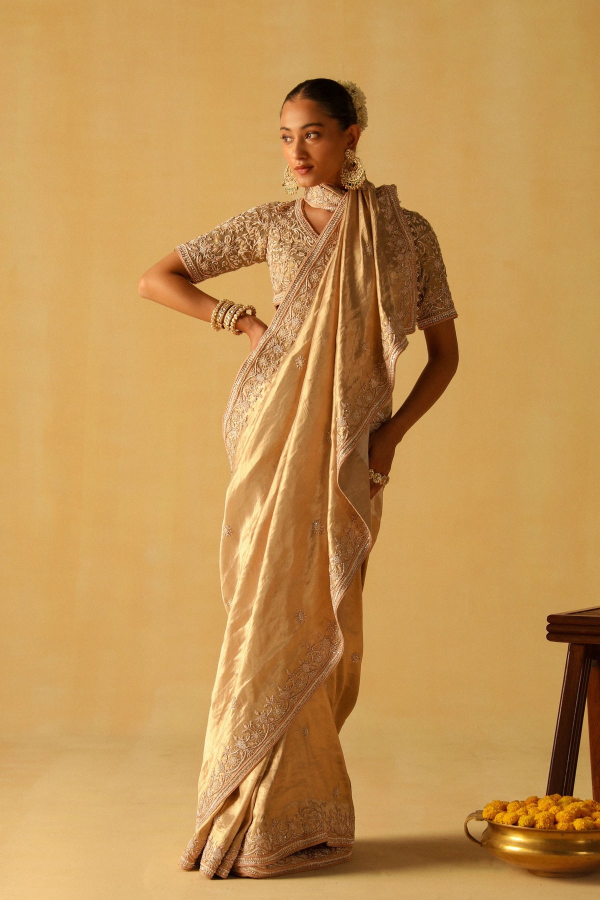 Gold Saraa Brocade Saree Set