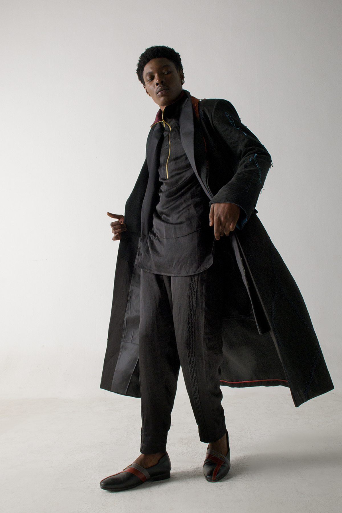 Black long overcoat with Loose Weave Sleeves