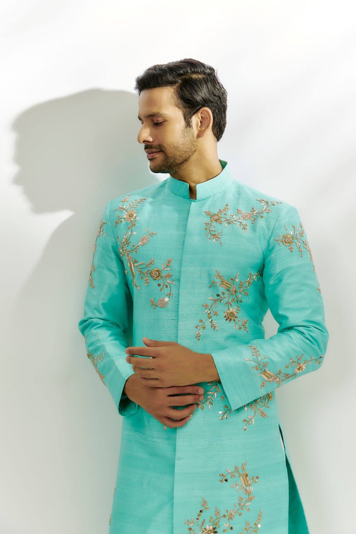 Cyan Blue Raw Silk Embroidered Sherwani Set