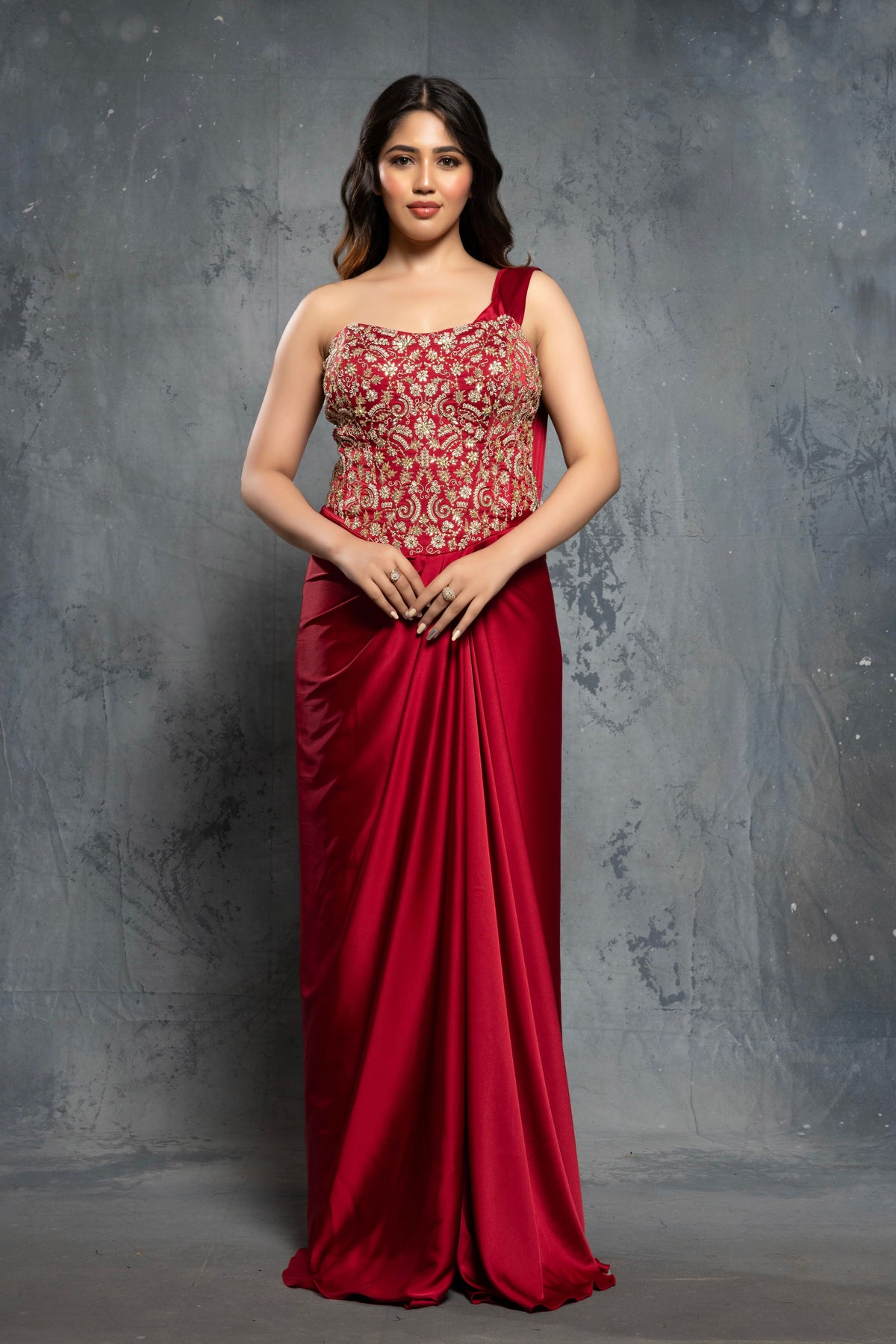 Crimson Red Charmuse Saree Gown