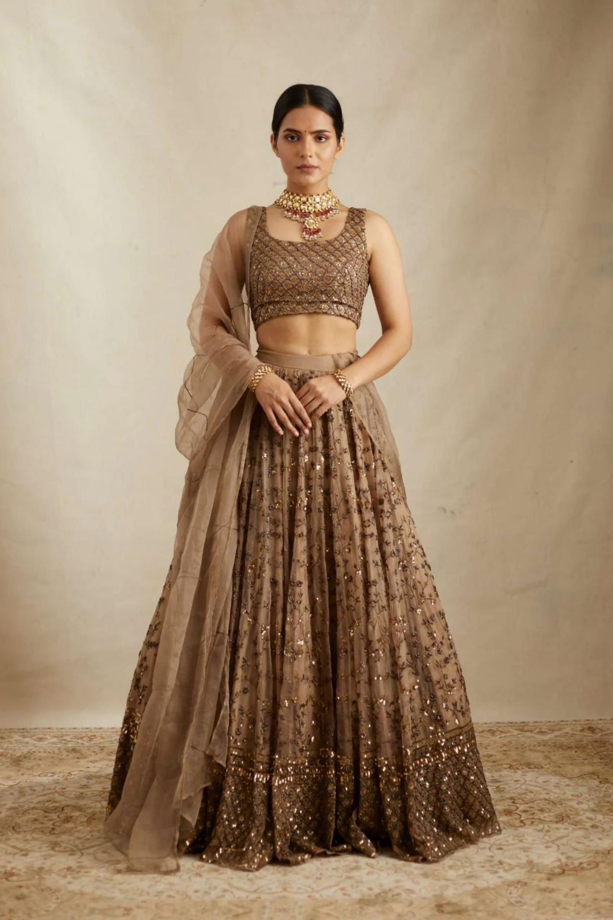 Brown Organza Heavy Lehenga Set