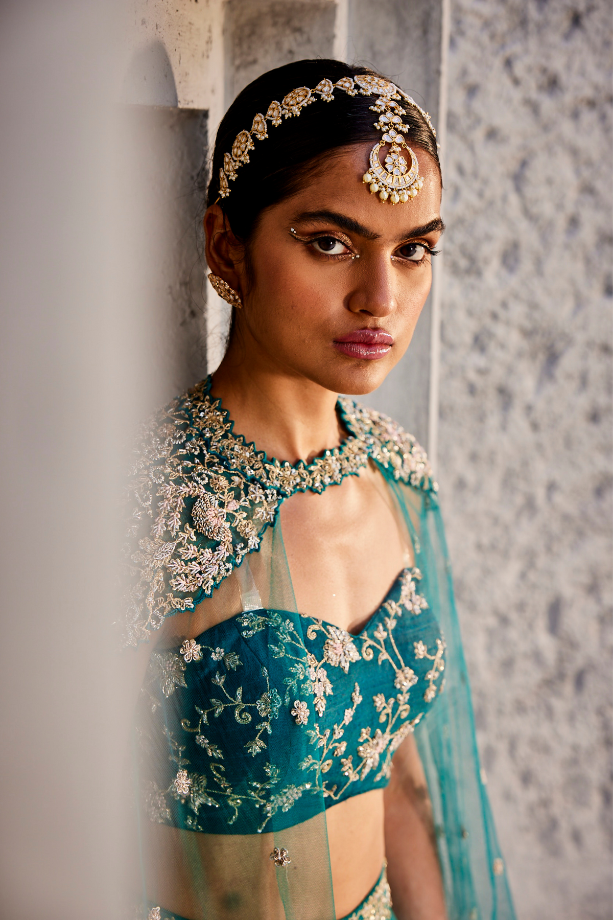 Teal Blue Creepers Heavy Lehenga