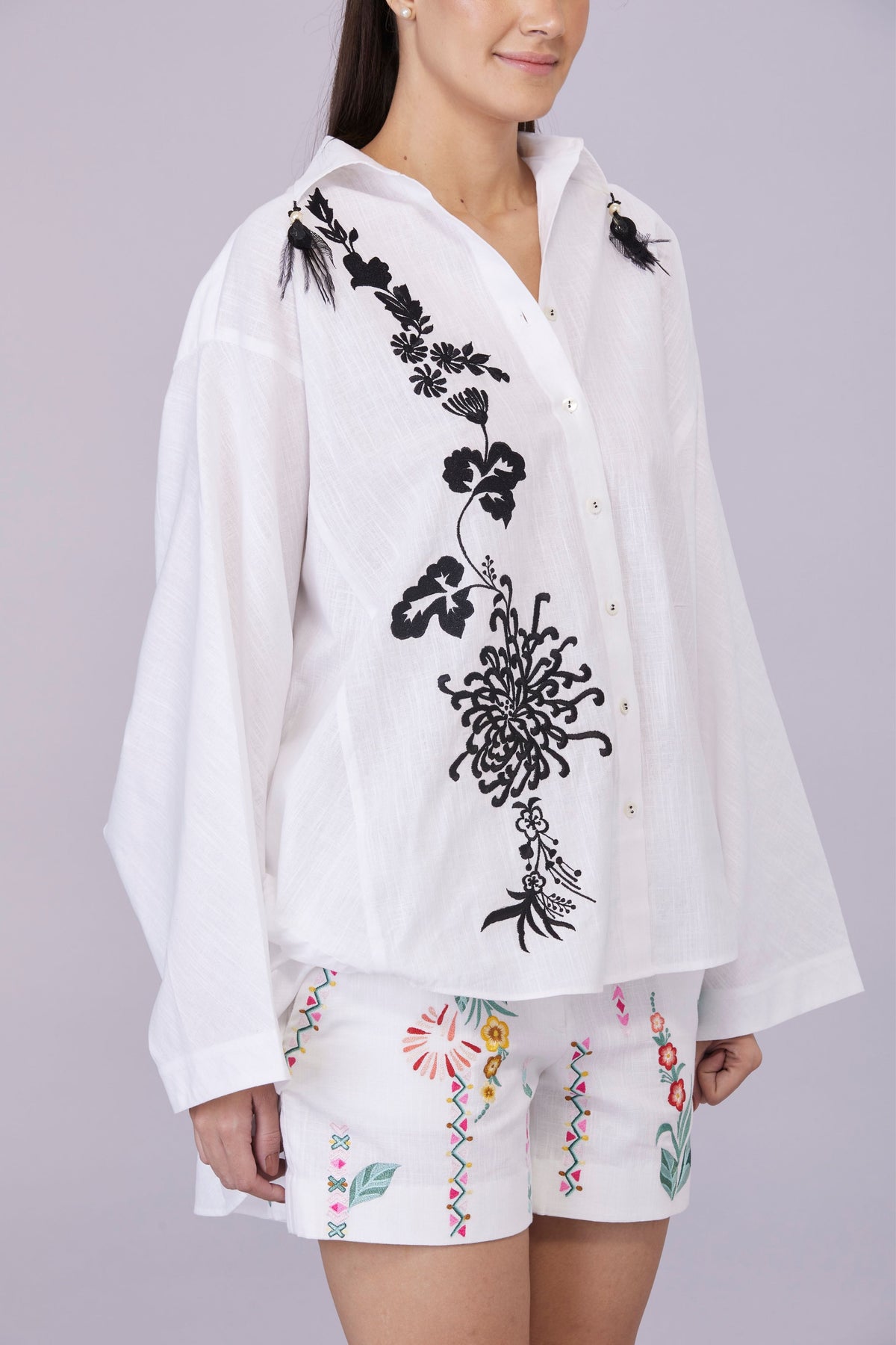 White Batwing Embroidery Shirt