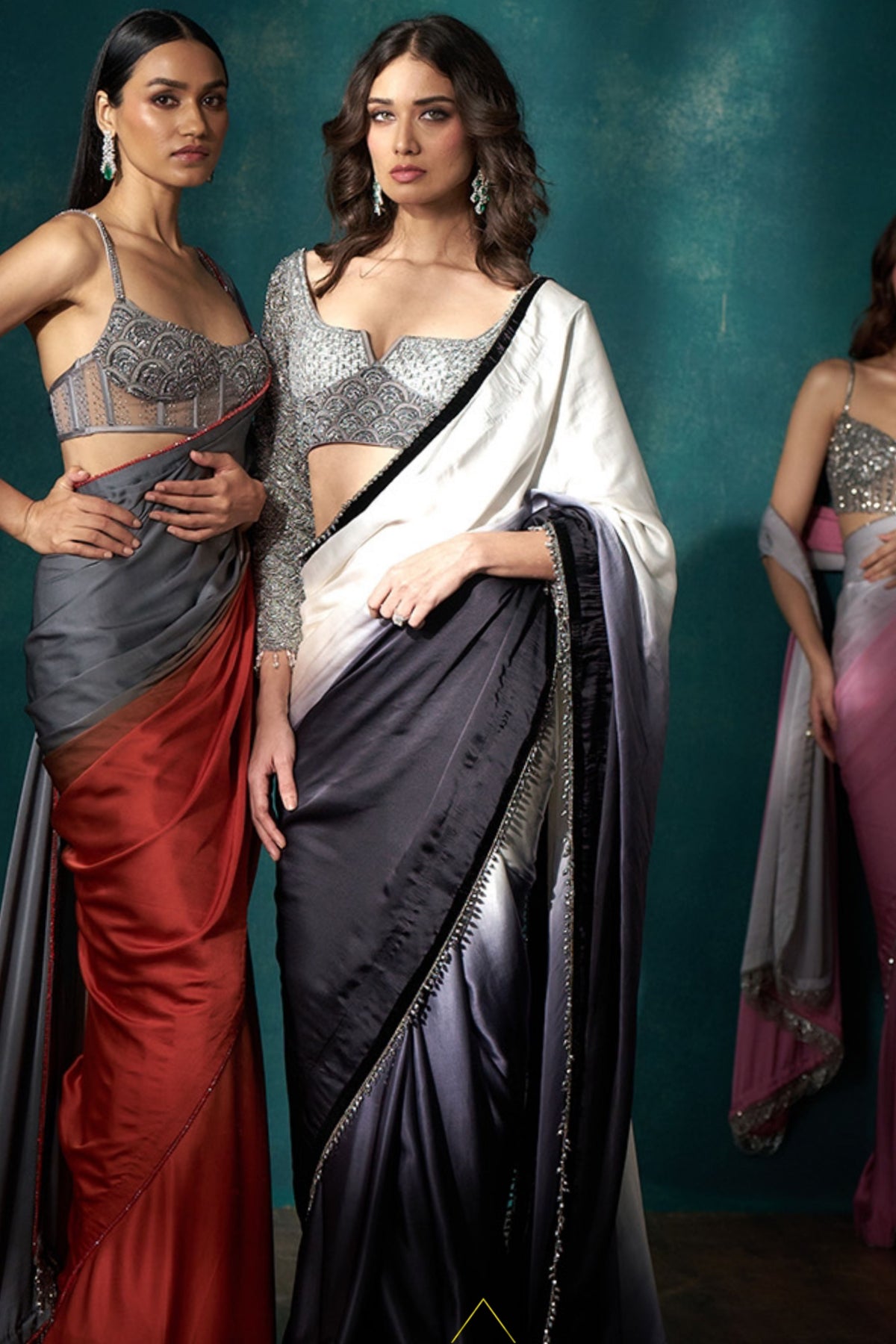 White Black Ombre Saree Set