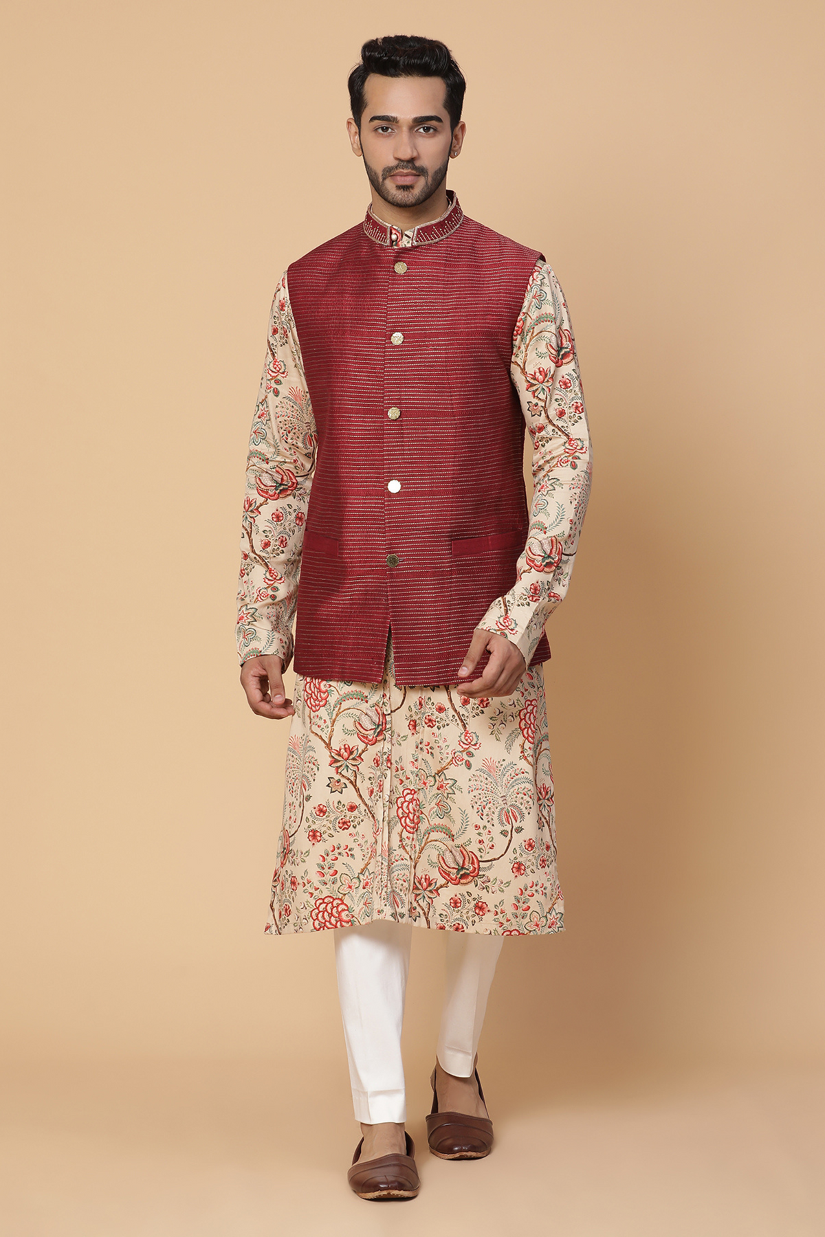 Beige printed kurta with nehru jacket