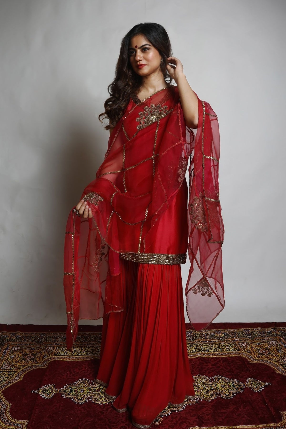 Red &amp; Rani Pink Sharara Set