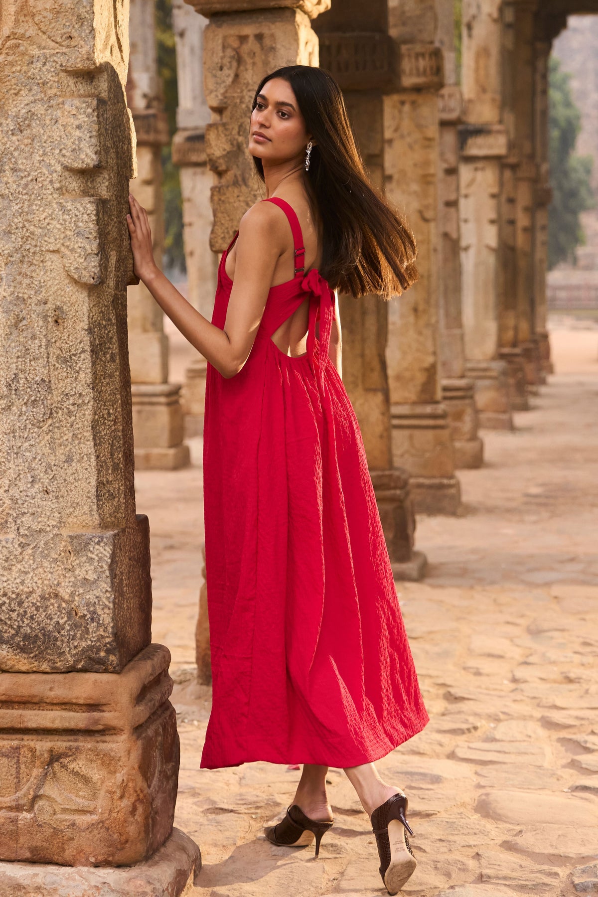 Red Textured Midi Dress