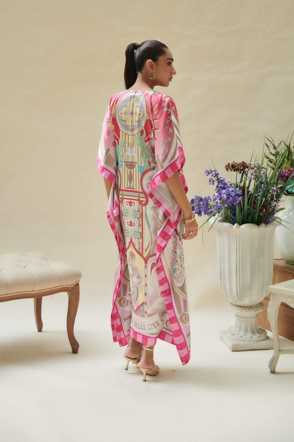 Pink Printed Long Kaftan Dress