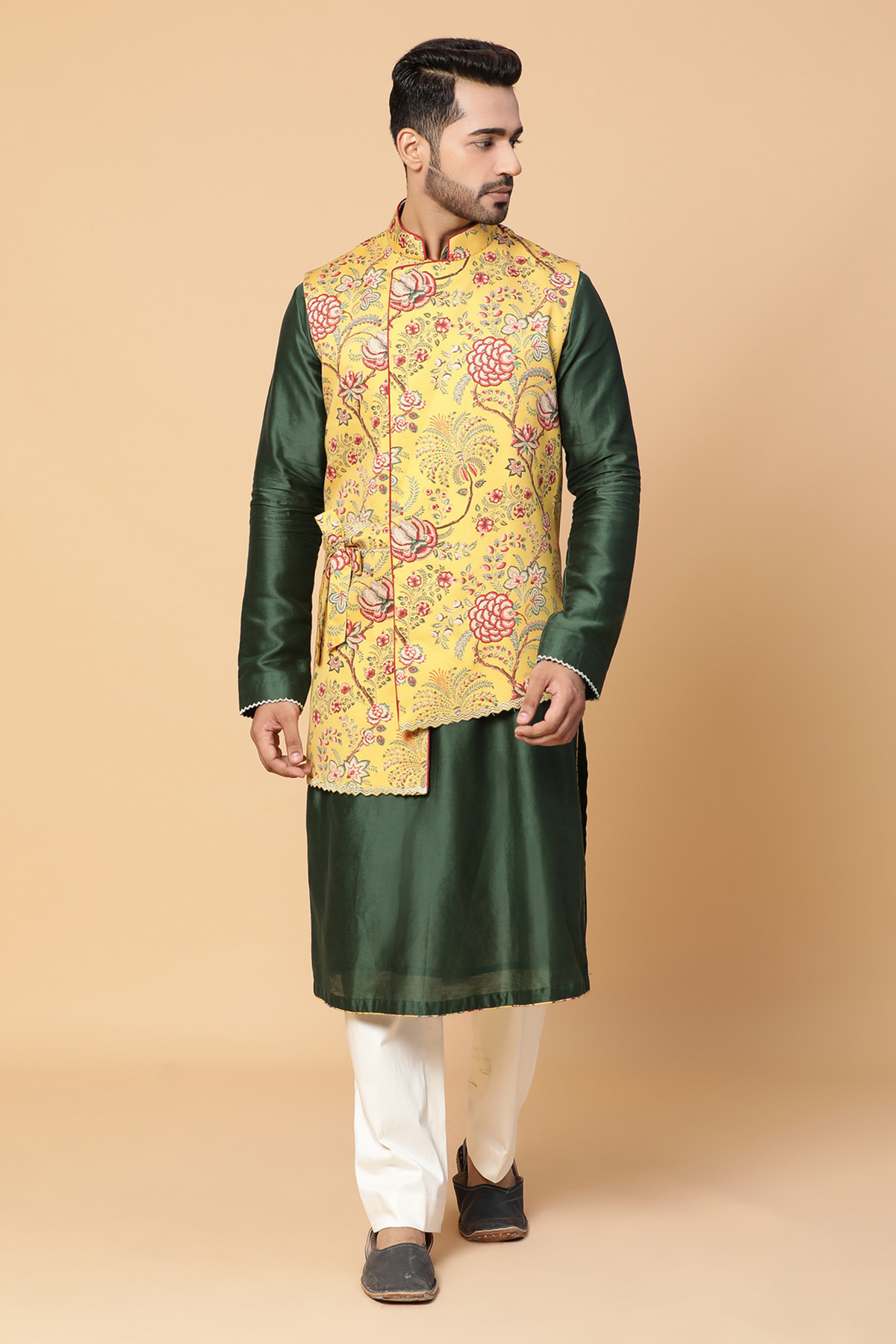 Green floral nehru jacket set