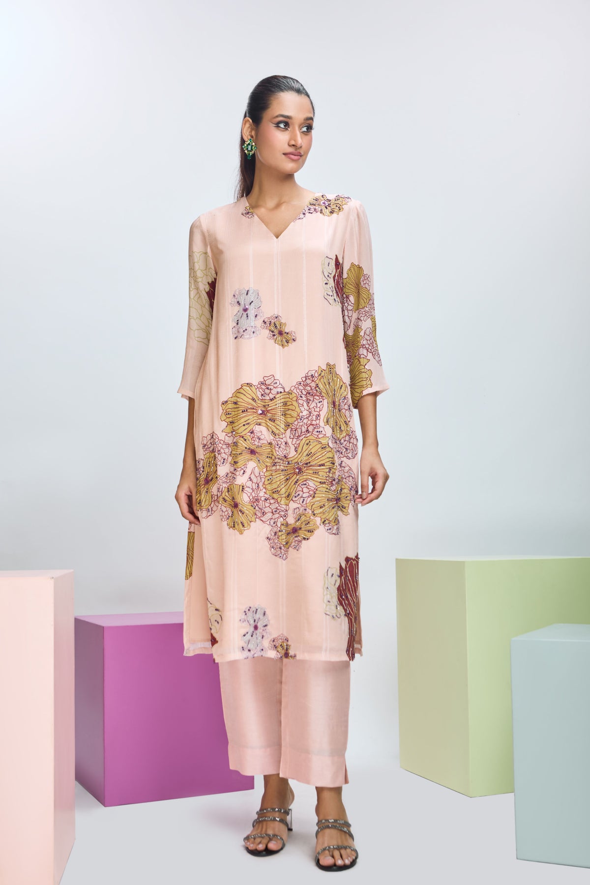 Peach Embroidere Kurta Set