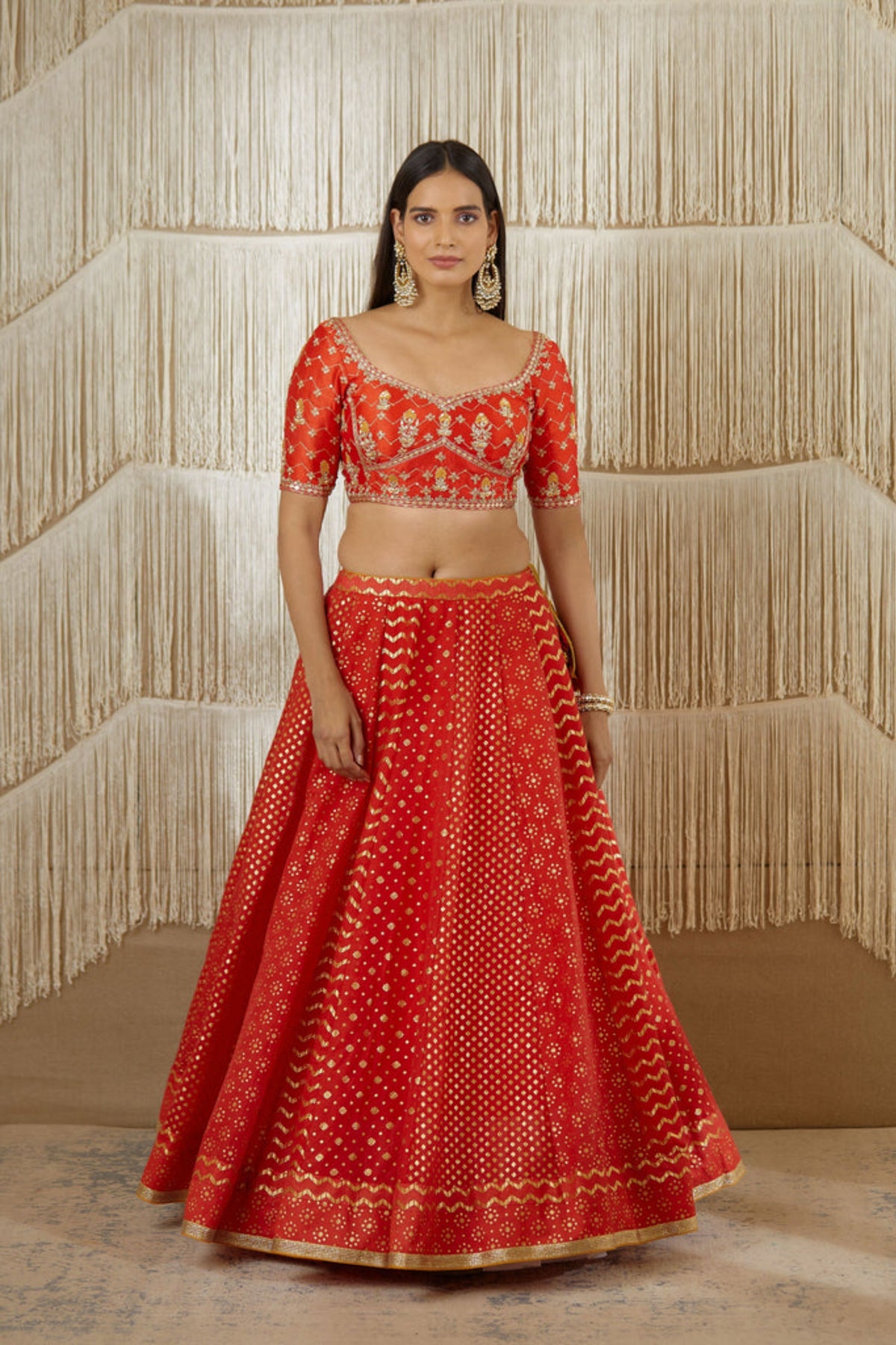 Red zardozi silk lehenga set