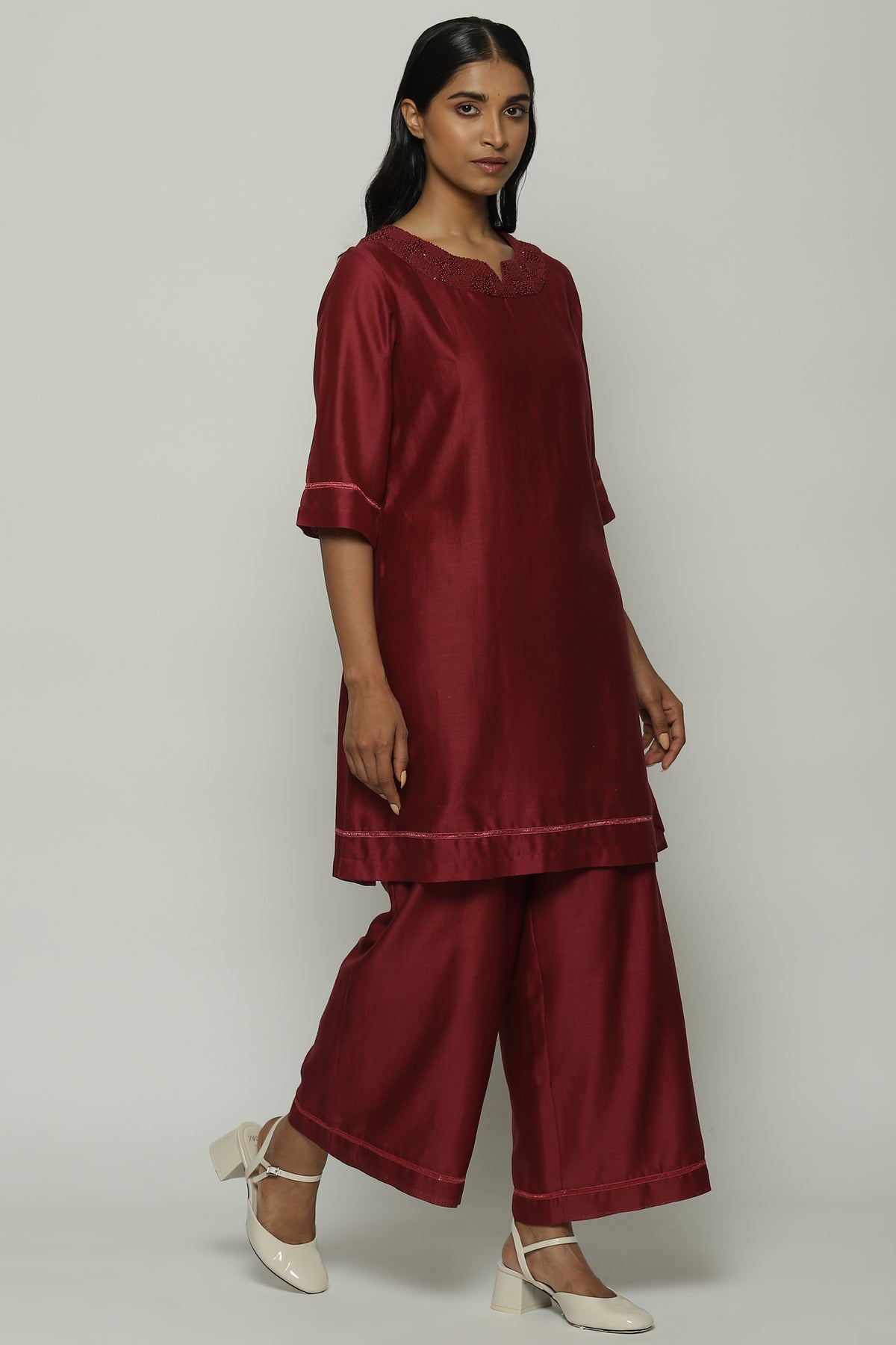 French Knot Neck Wine Kurta