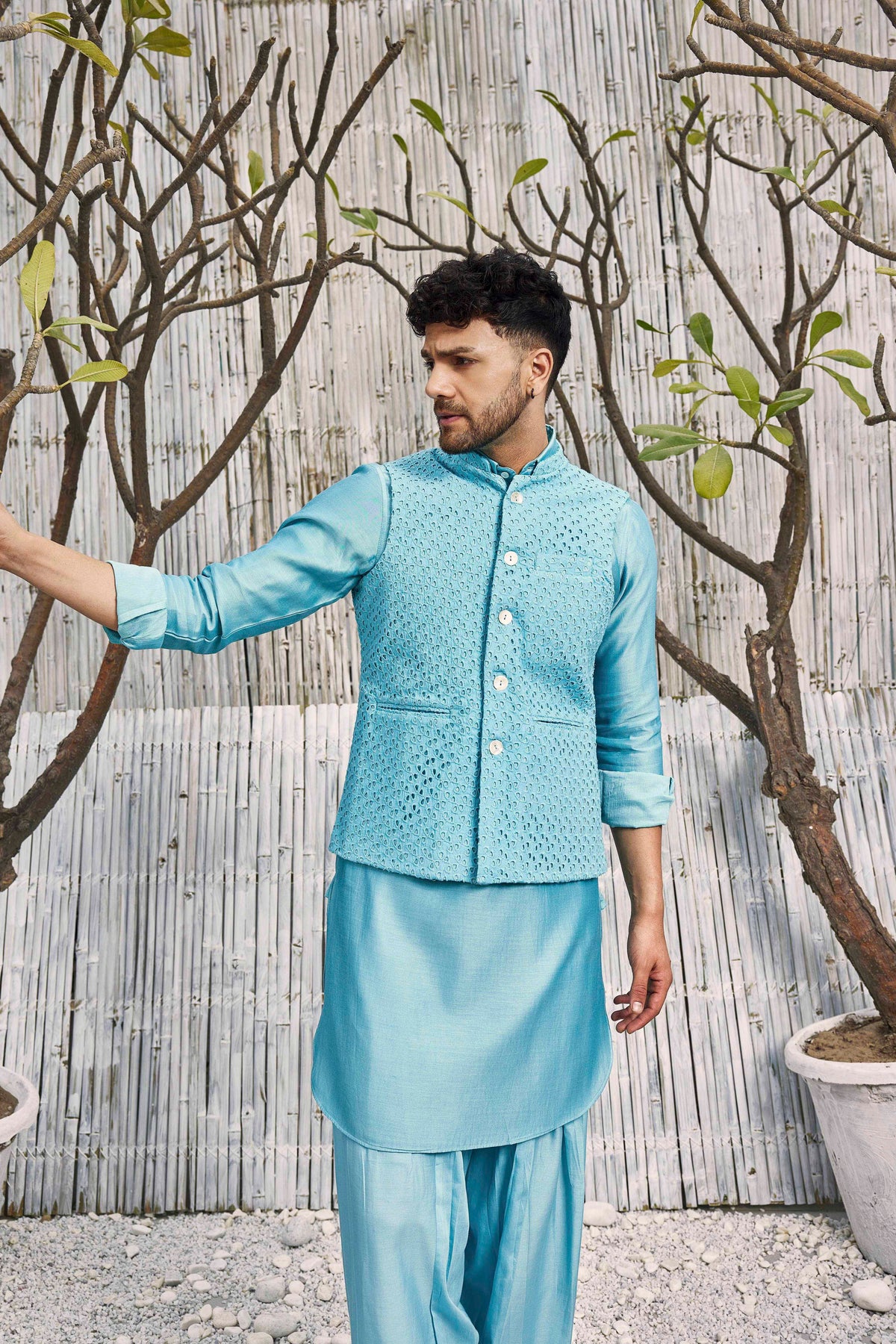 Chanderi Blue Pathani Kurta Set