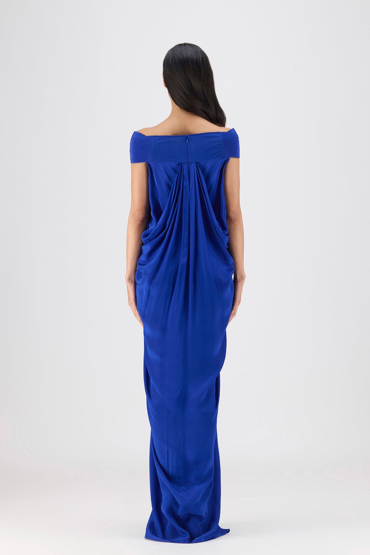 Blue Pleated Cowl Gown