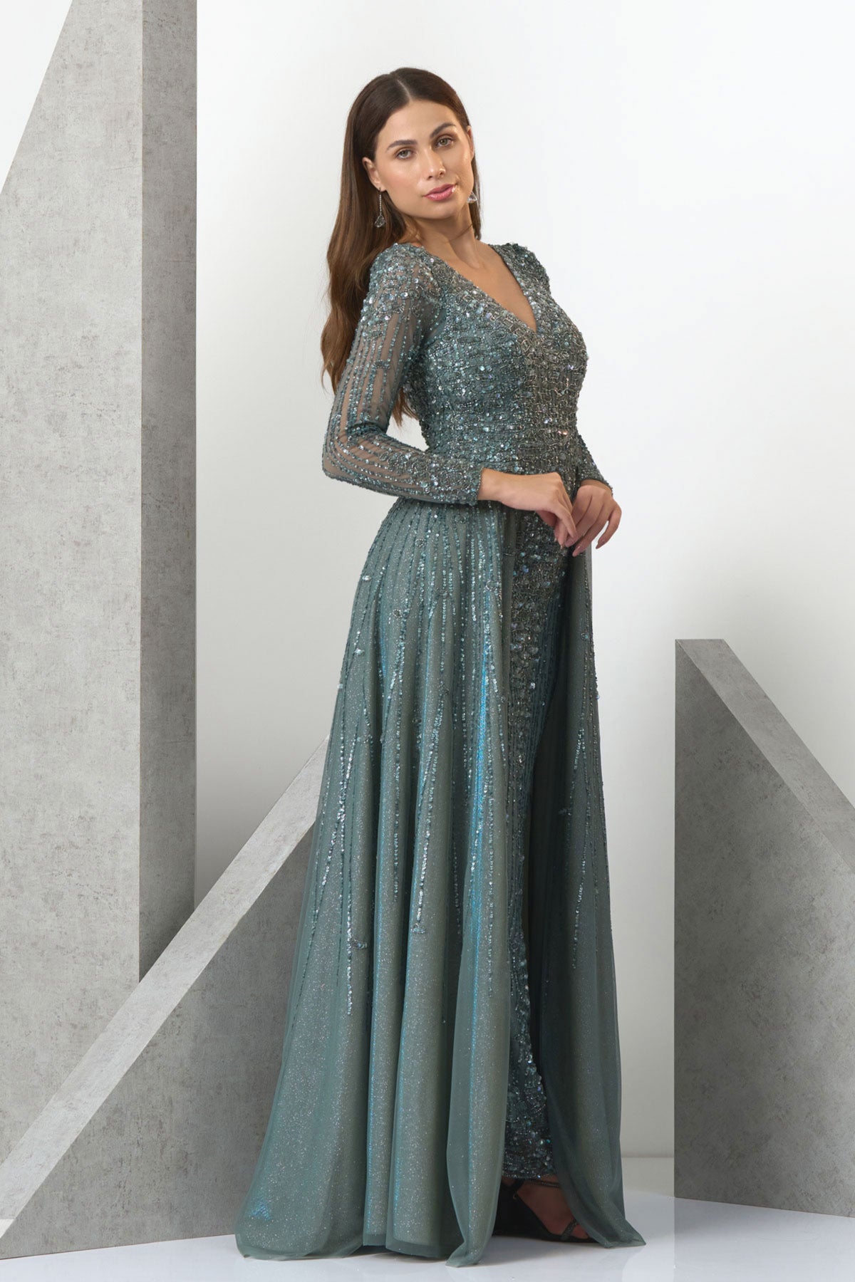 Blue V-neck Princess Evening Gown