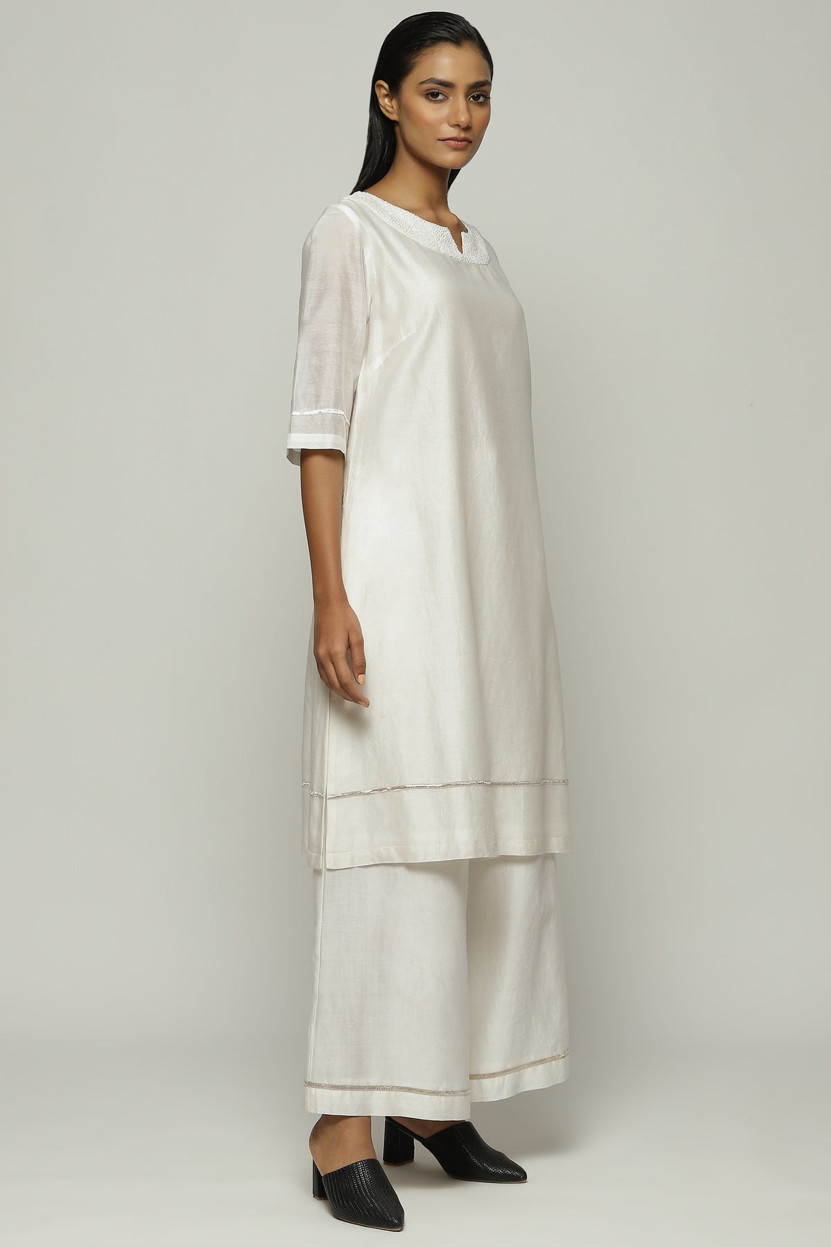 French Knot Neck Ivory Kurta