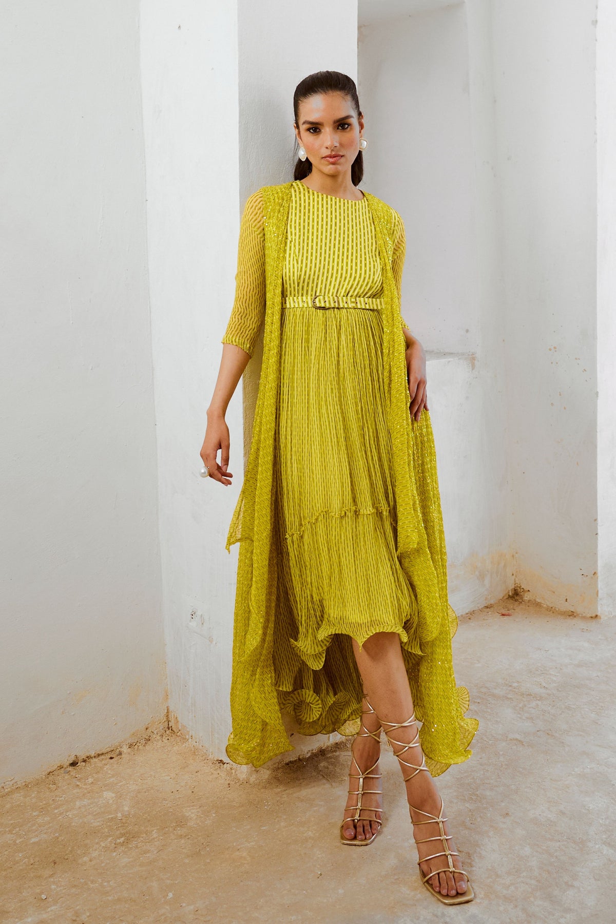 Lemon Green Midi With Jugnu Cape Set