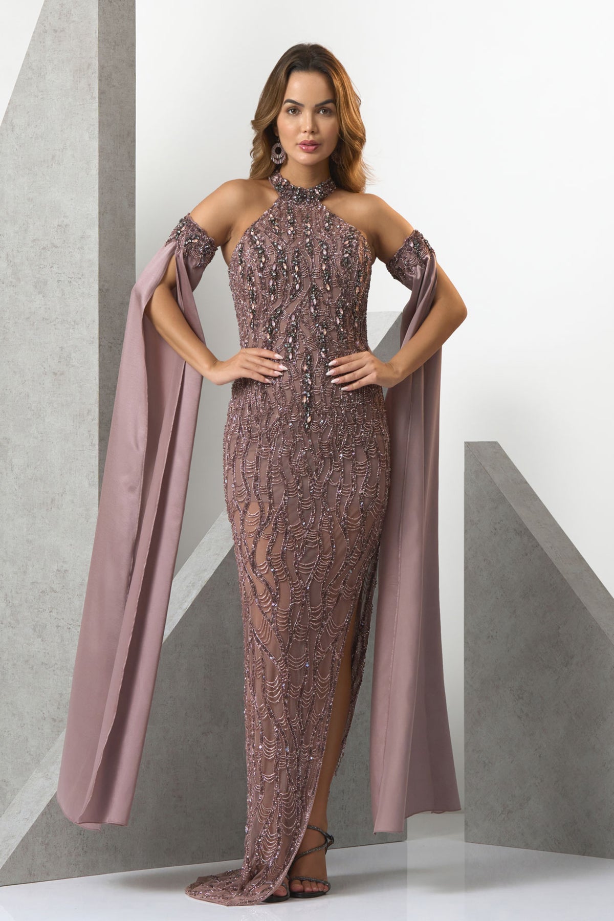 Shiraz Halter Neck Embroided Evening Gown