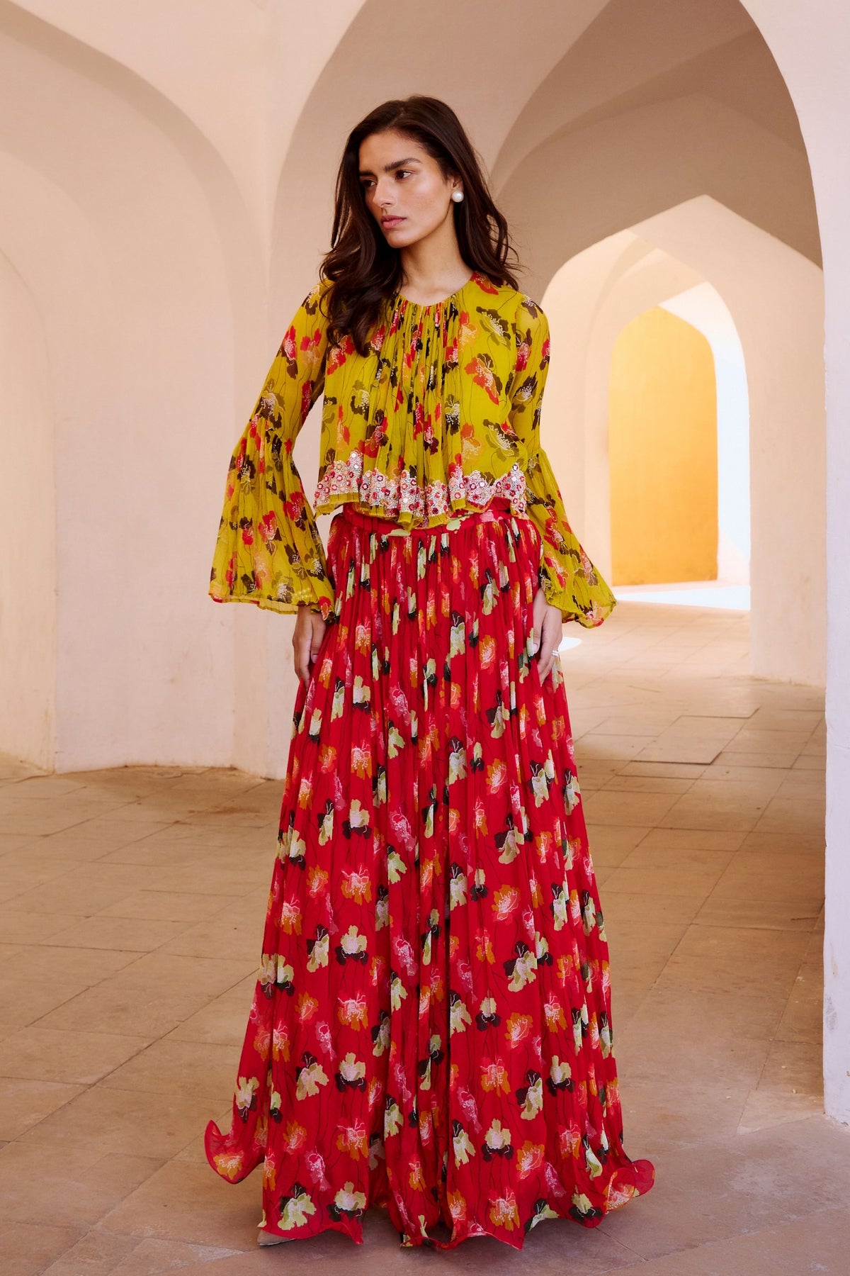 Bumble Bee Boho Top With Chilly Red Skirt Set