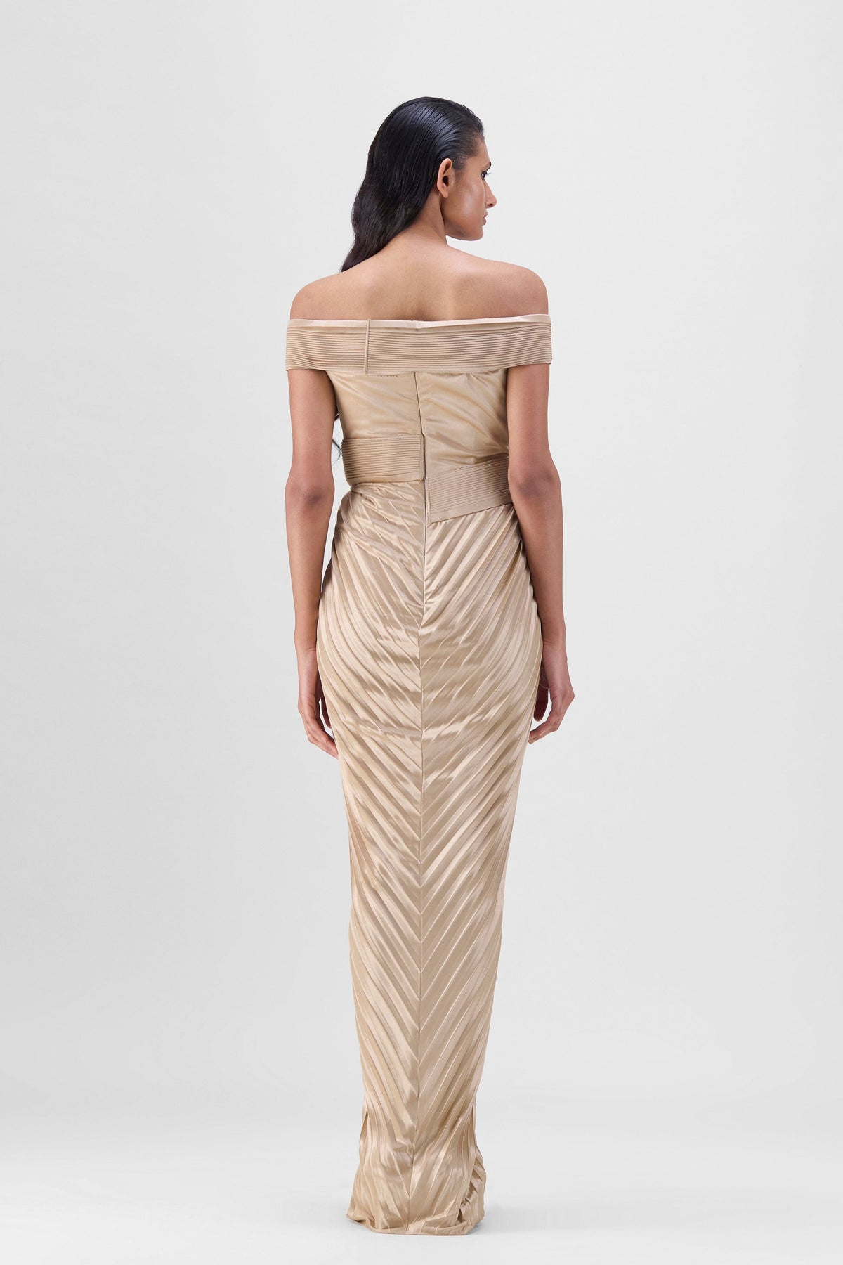 Structured Plisse Gown in Sand