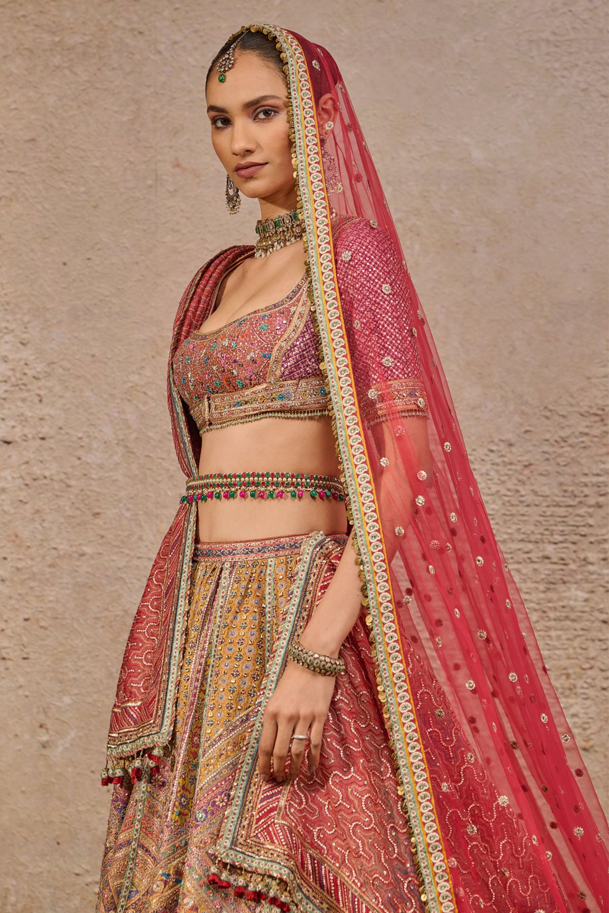 Multicolour Kashida Bridal Lehenga Set