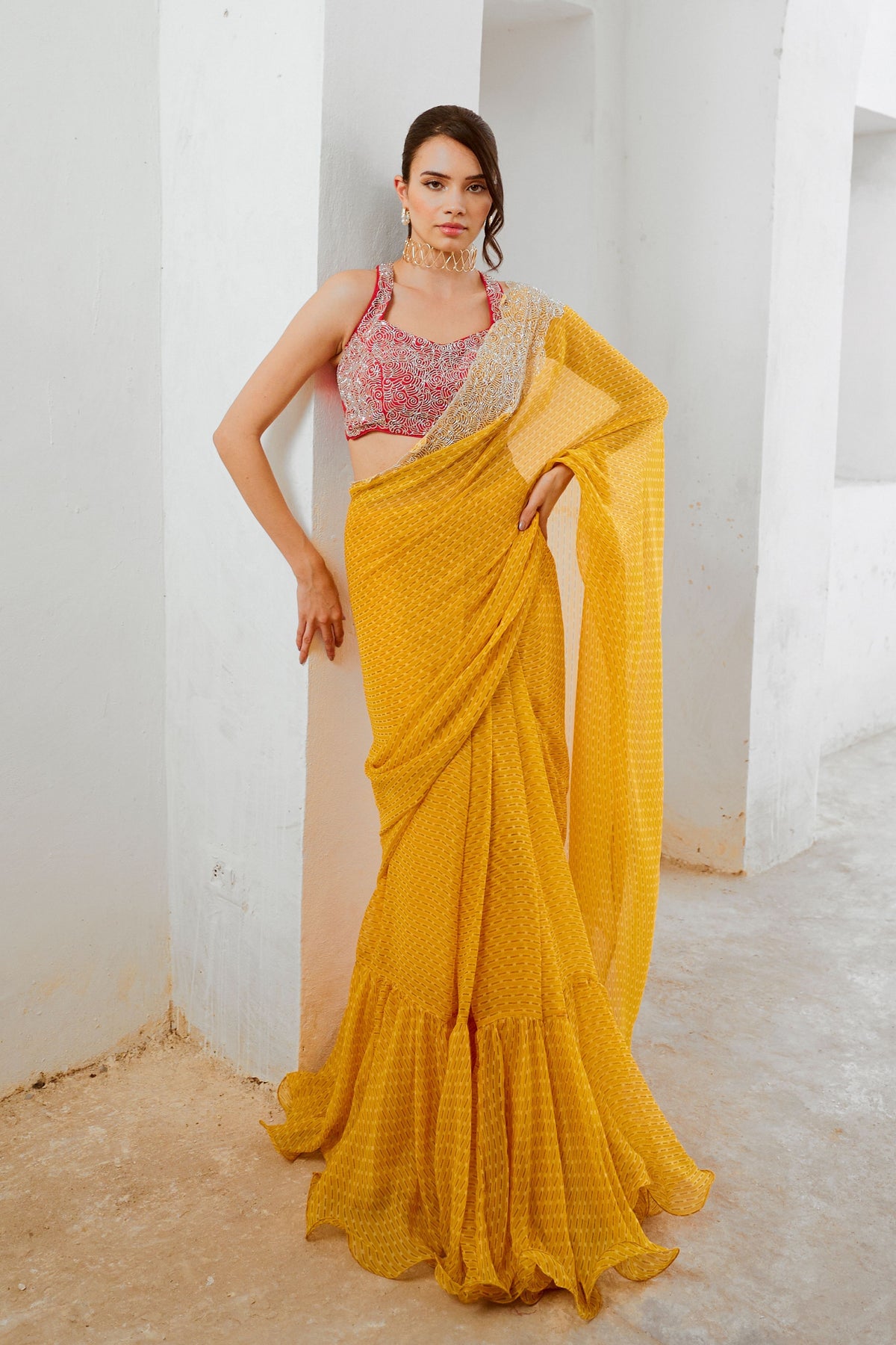 Marigold  Saree With Laal Blouse