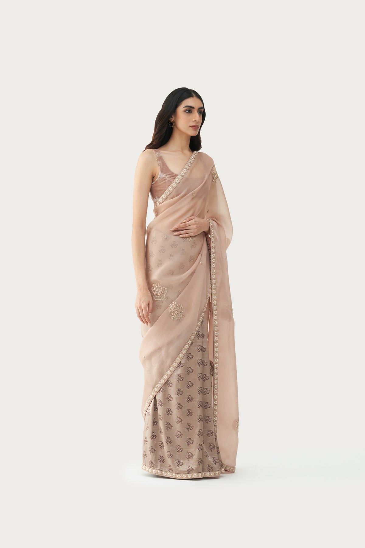 Niloufer millefluer earth grey embroidered saree