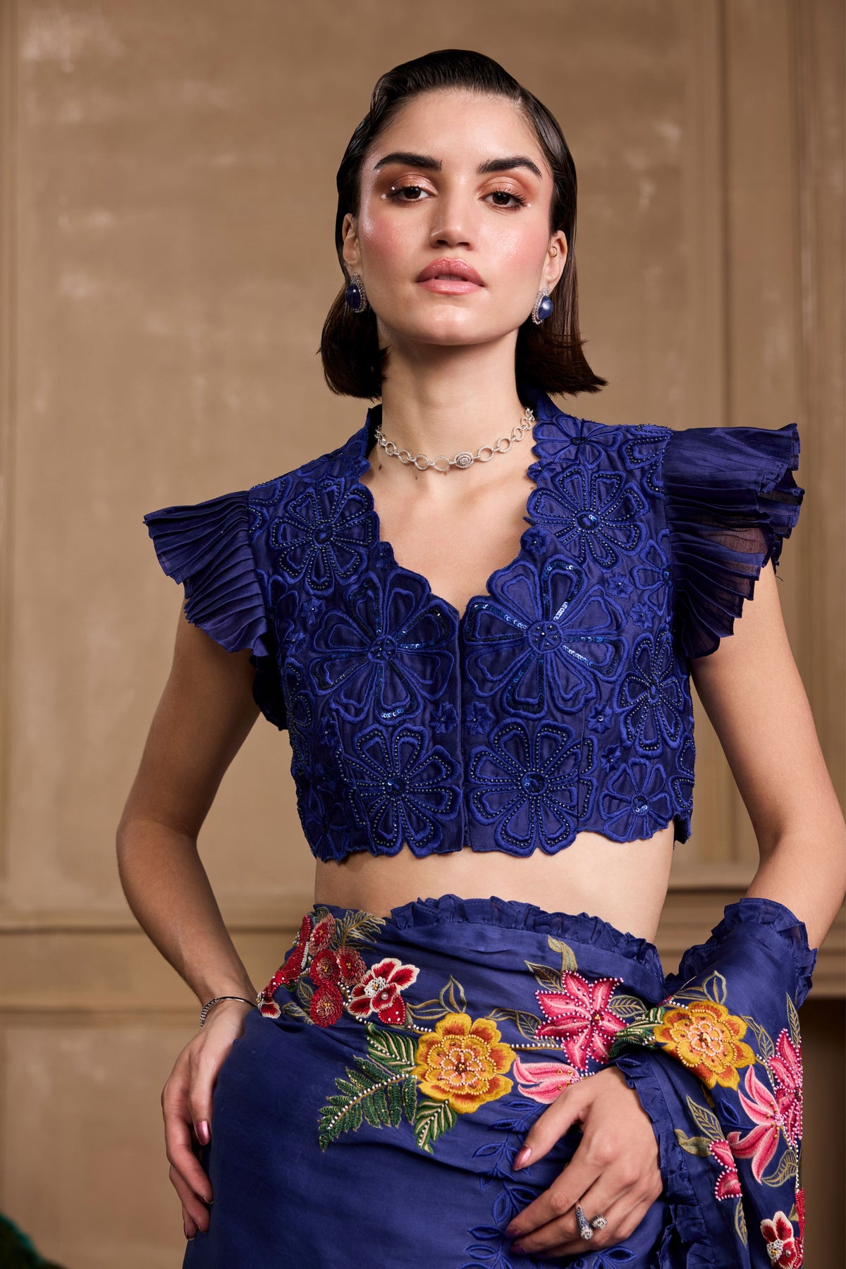 Cobalt Blue Floral Ruffled Blouse