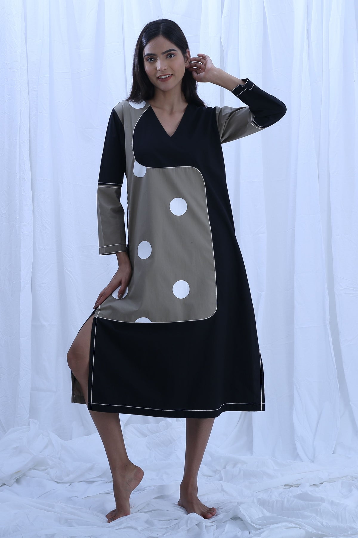 Earthy Grayish V-neck Polka Dress