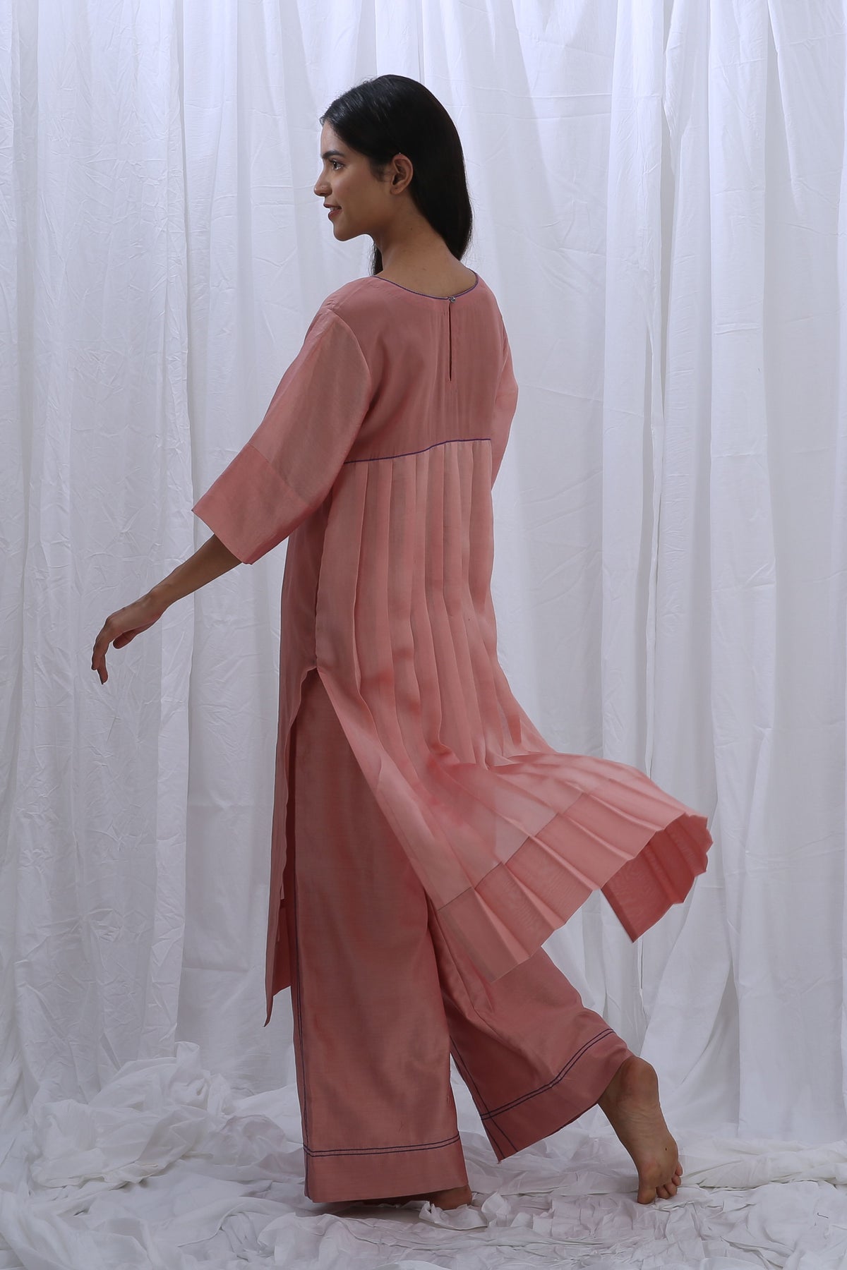 Peachy Pink Embroidery Pleated Kurta Set