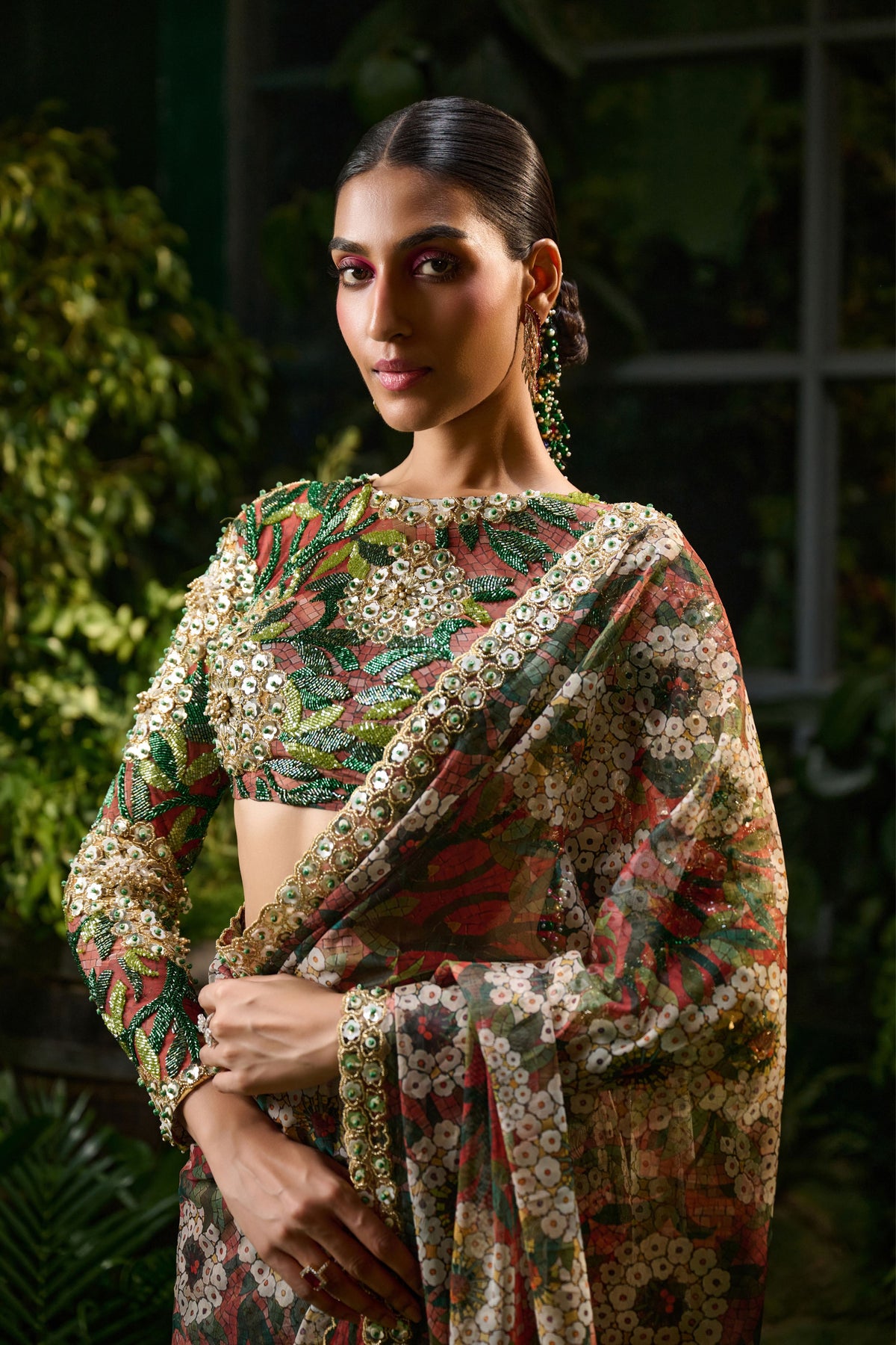 Green &amp; Red Embroidery Saree