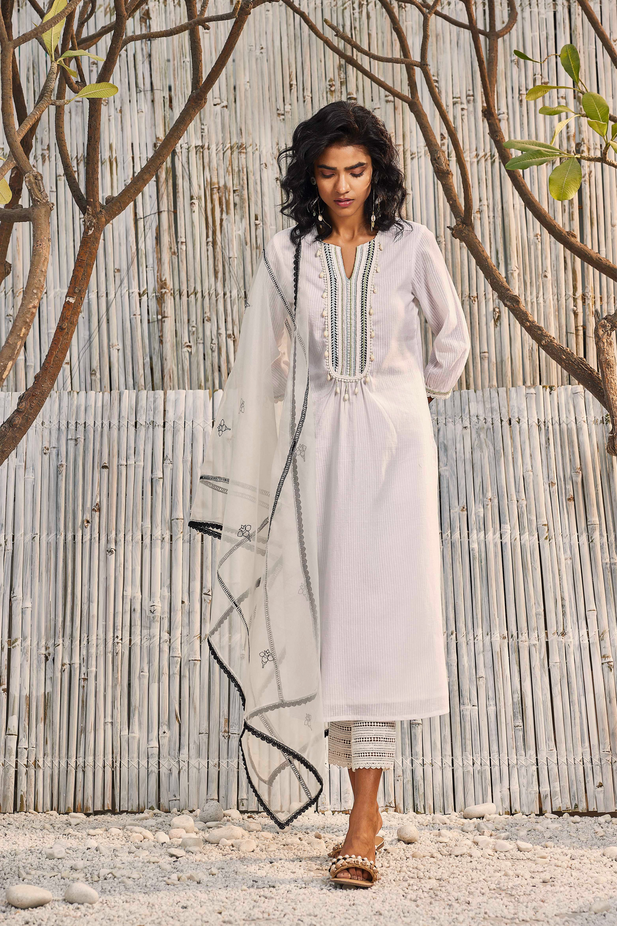 Shell White Cotton Straight Kurta Set