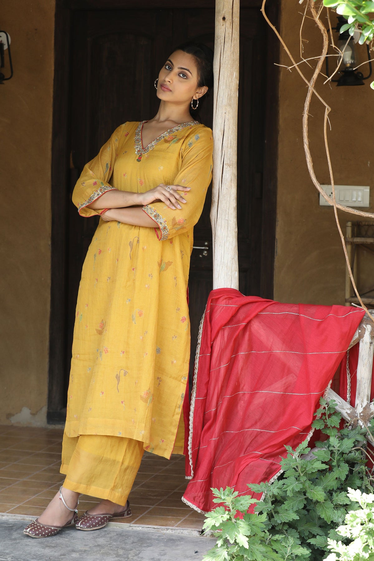 Yellow And Red Kurta Set