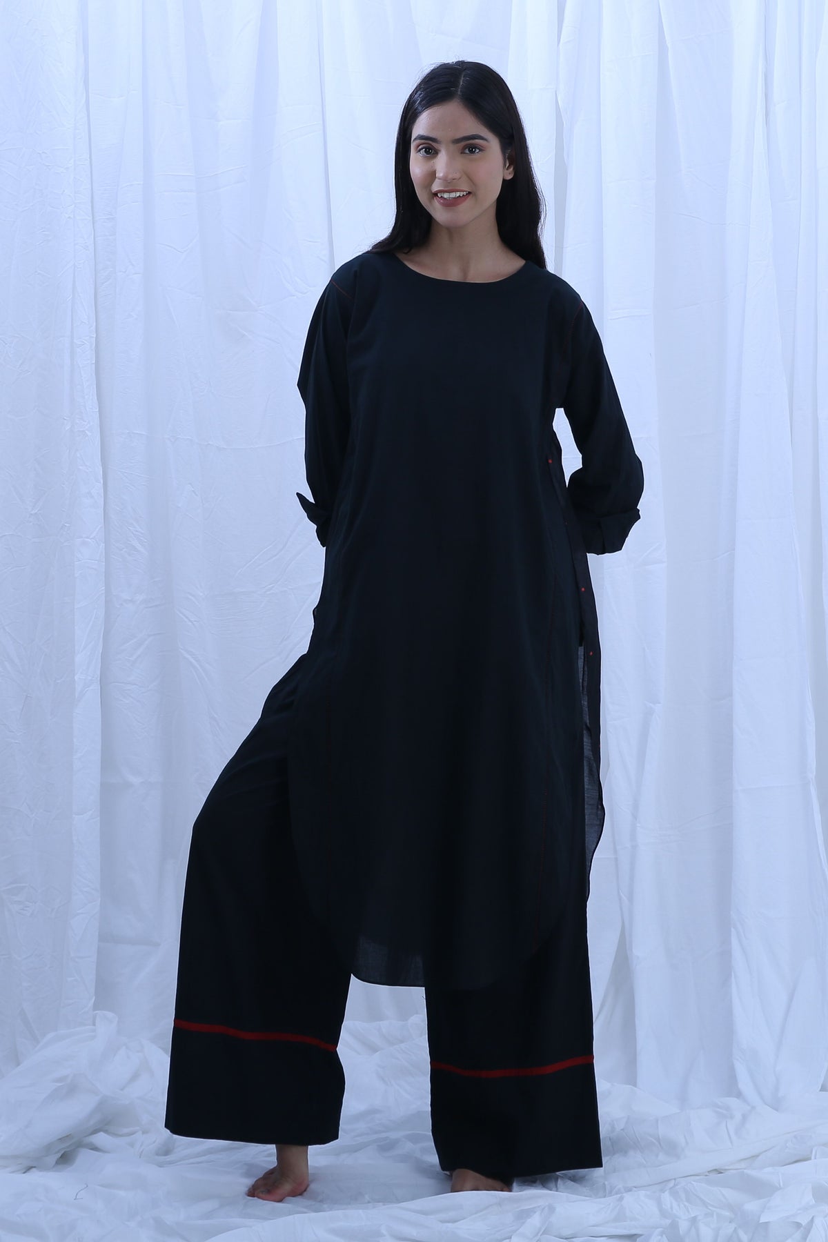 Black Red Dot Round Neck Kurta Set