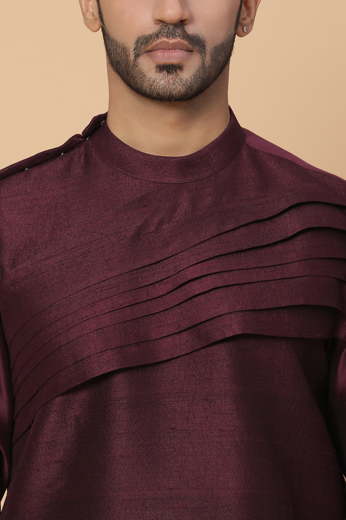 Maroon silk shoulder pleated kurta set