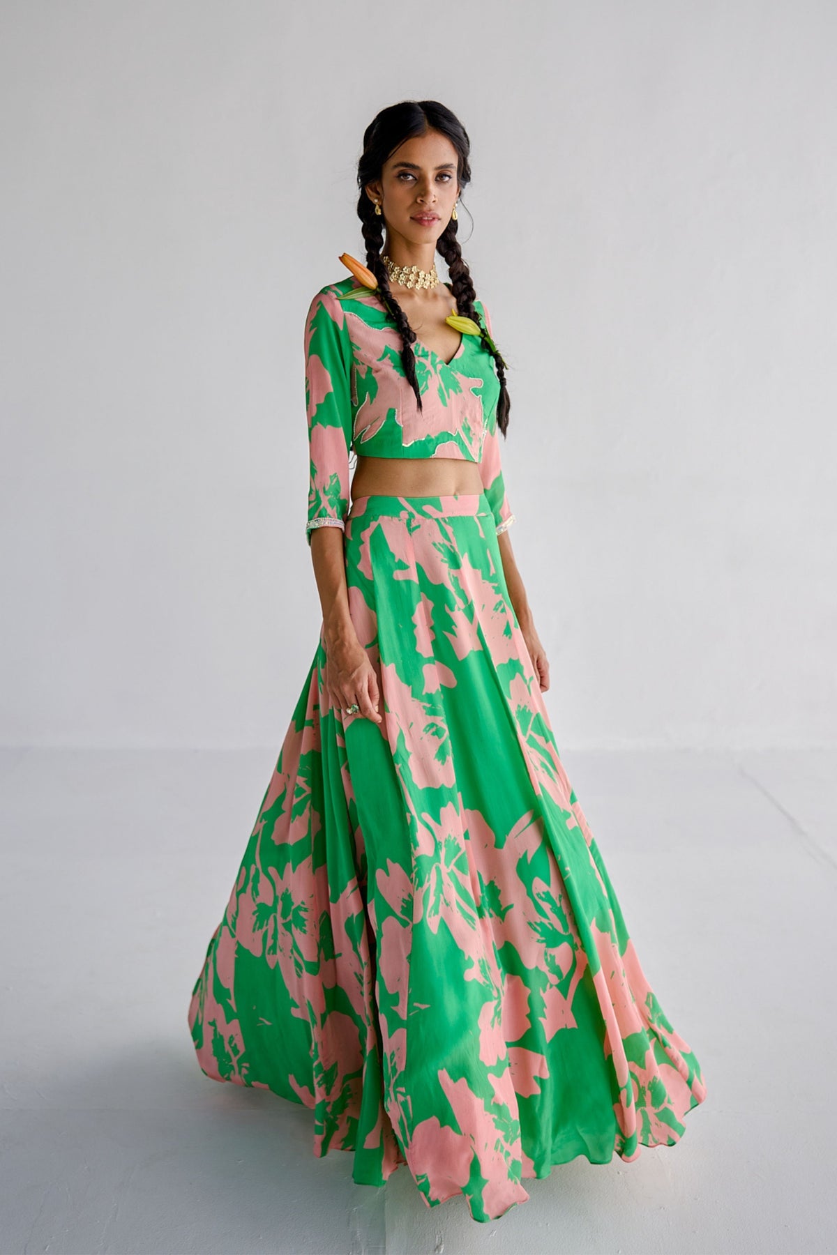 Green Print Lehenga With Blouse